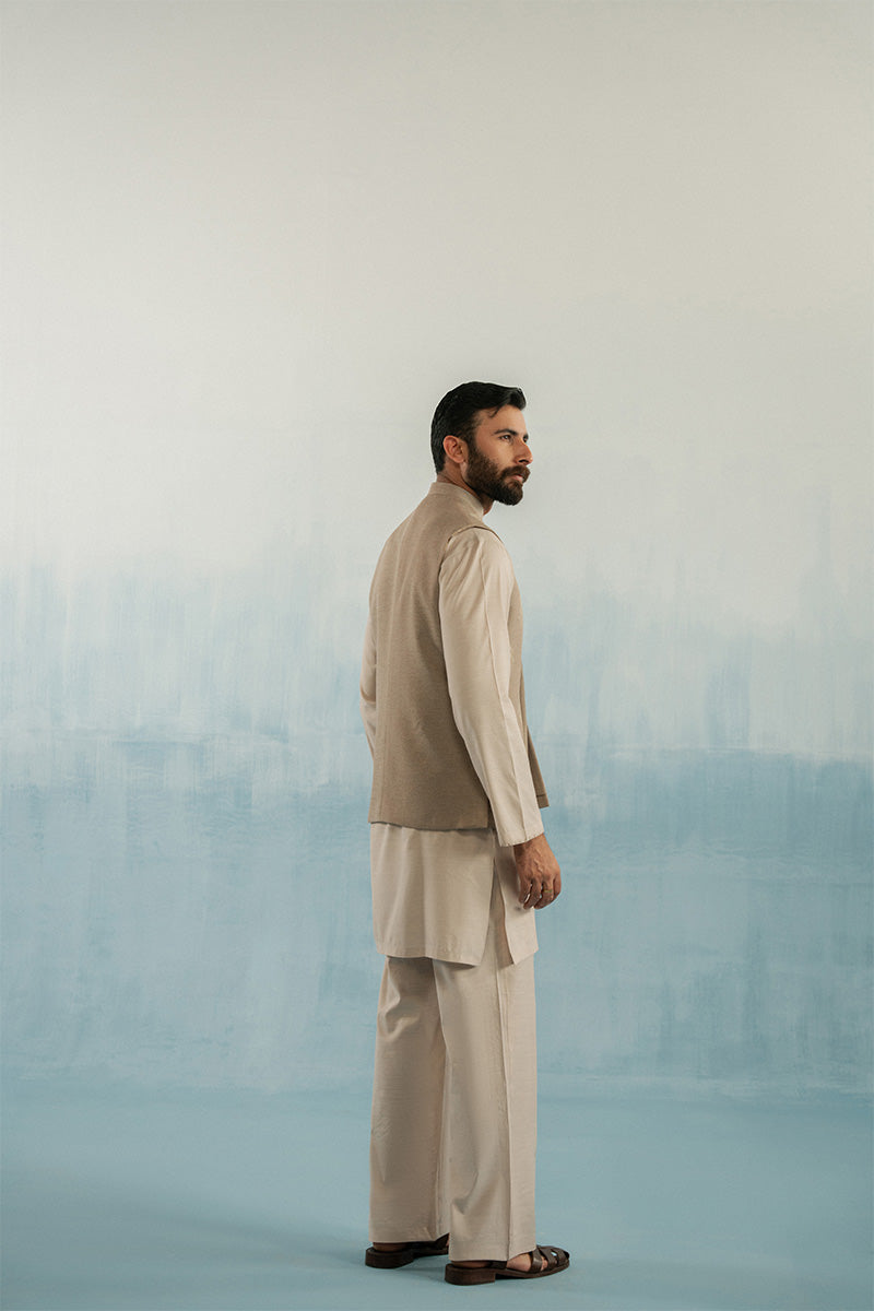 Brown Block-Printed Cotton Blend Waistcoat Kurta (3-Piece) - Image 5