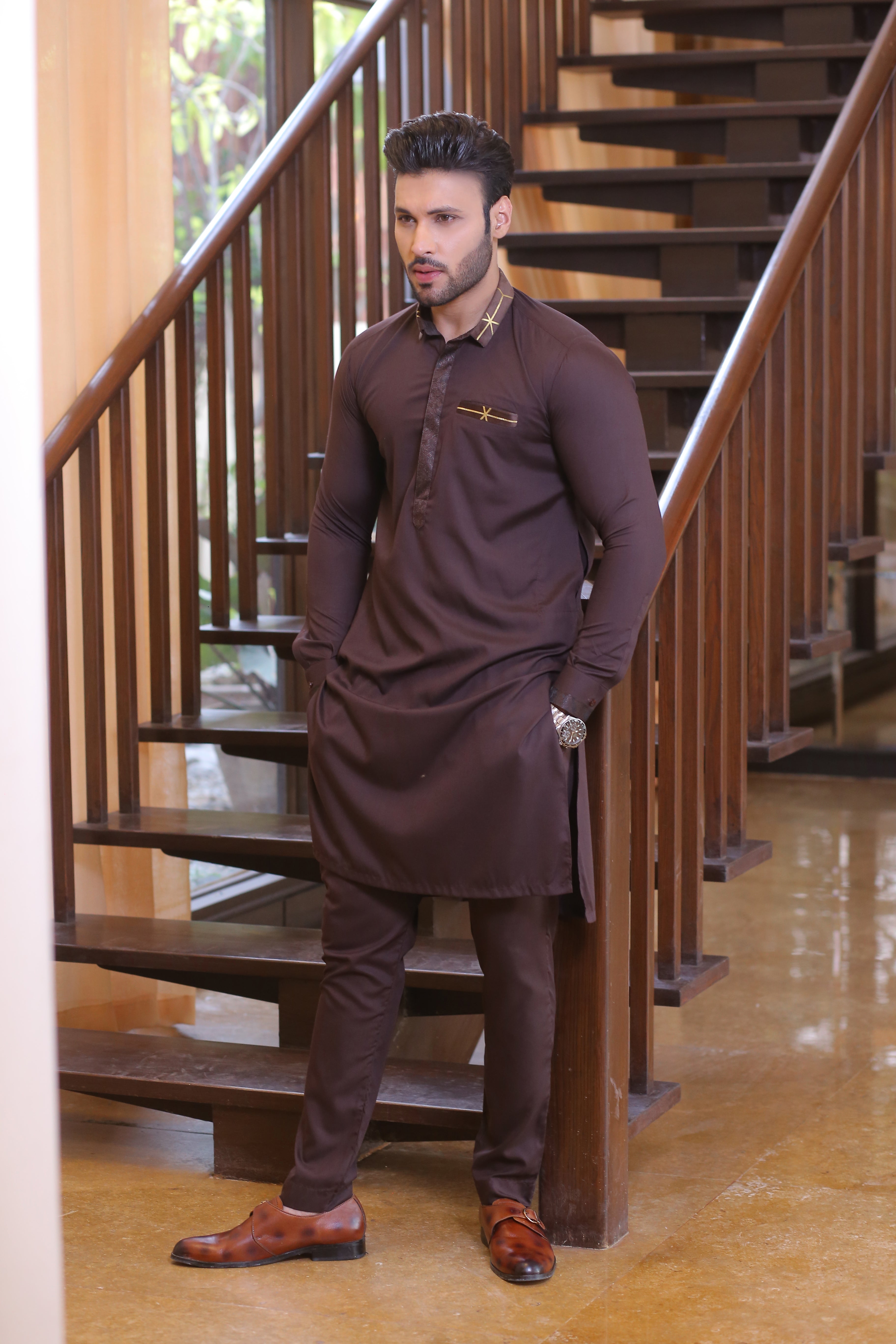 Deep Brown Embroidered Cotton-Silk Waistcoat Kurta (3-Piece) - Image 1