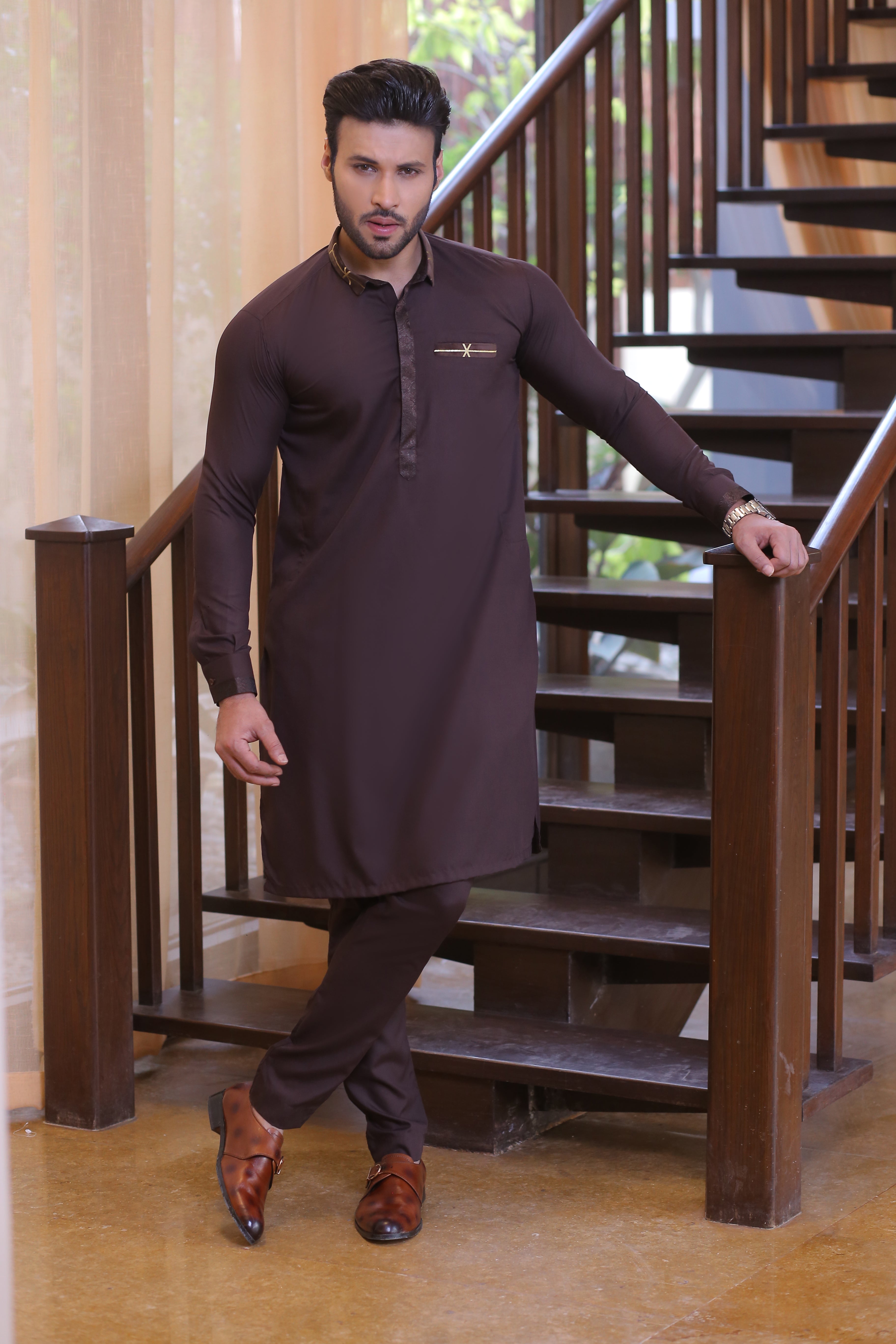Deep Brown Embroidered Cotton-Silk Waistcoat Kurta (3-Piece) - Image 2