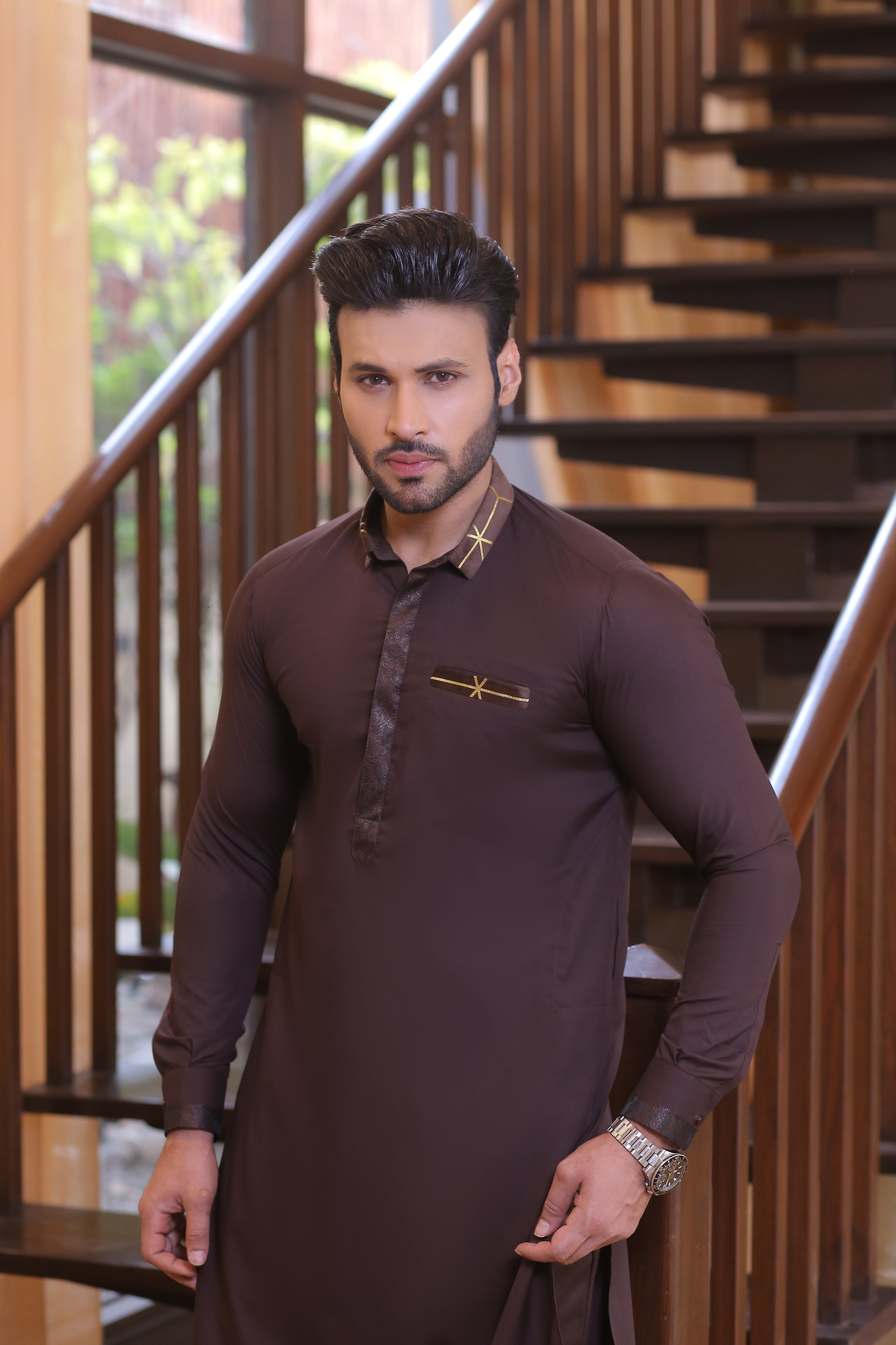 Deep Brown Embroidered Cotton-Silk Waistcoat Kurta (3-Piece) - Image 4