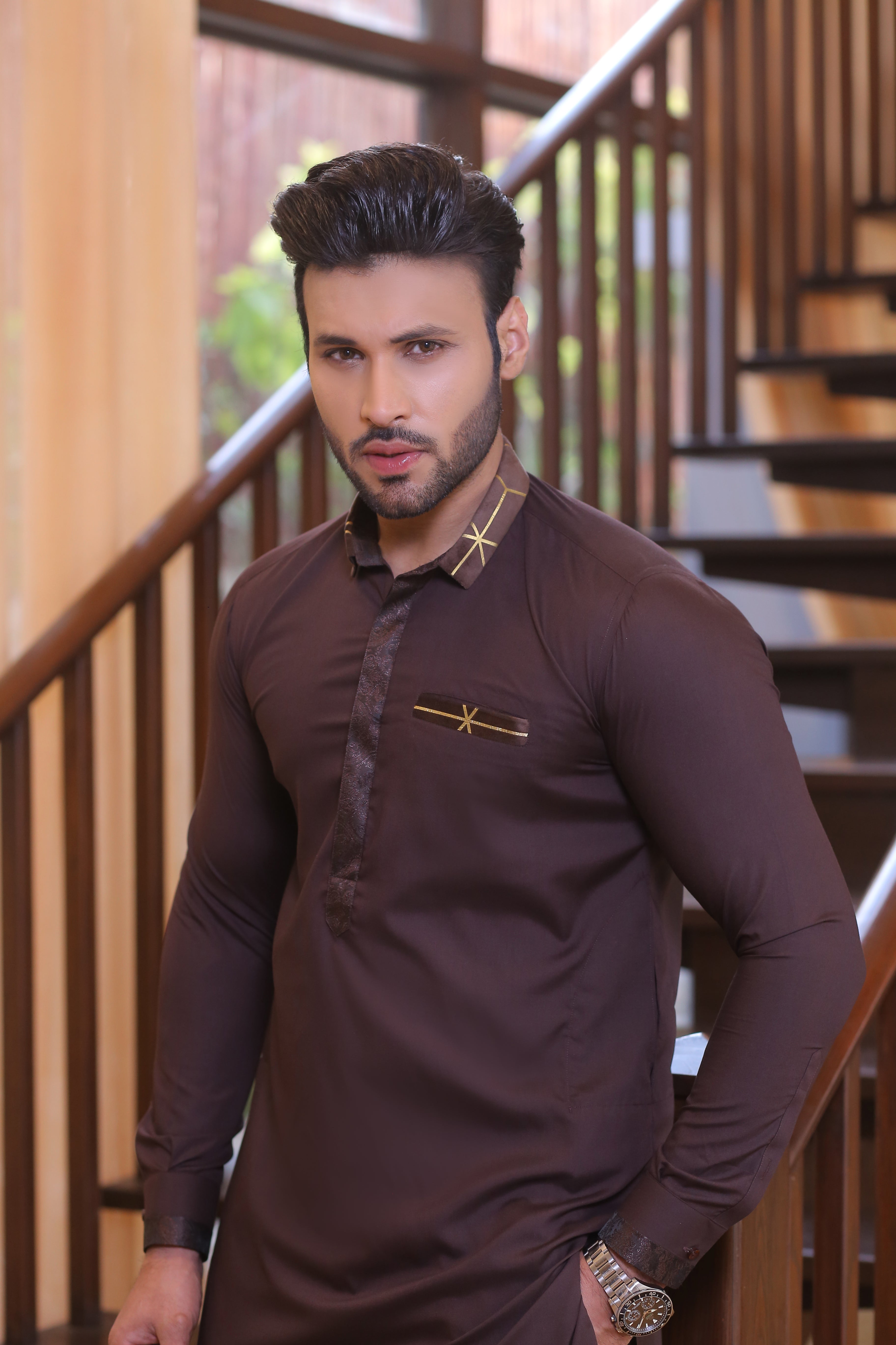 Deep Brown Embroidered Cotton-Silk Waistcoat Kurta (3-Piece) - Image 5