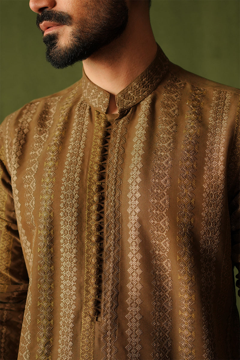 Cedar Brown Cross-Stitch Cotton Slub Waistcoat Kurta (3-Piece) - Image 3