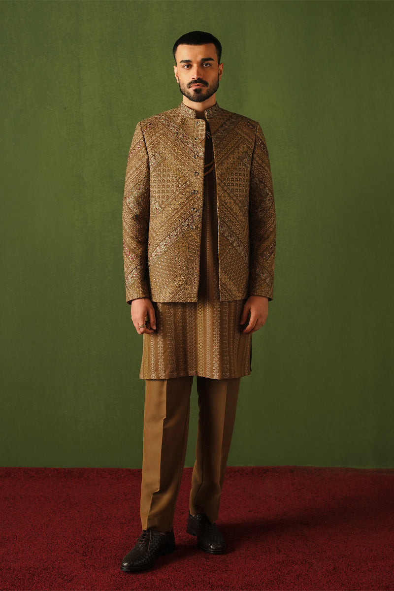 Cedar Brown Cross-Stitch Cotton Slub Waistcoat Kurta (3-Piece) - Image 4