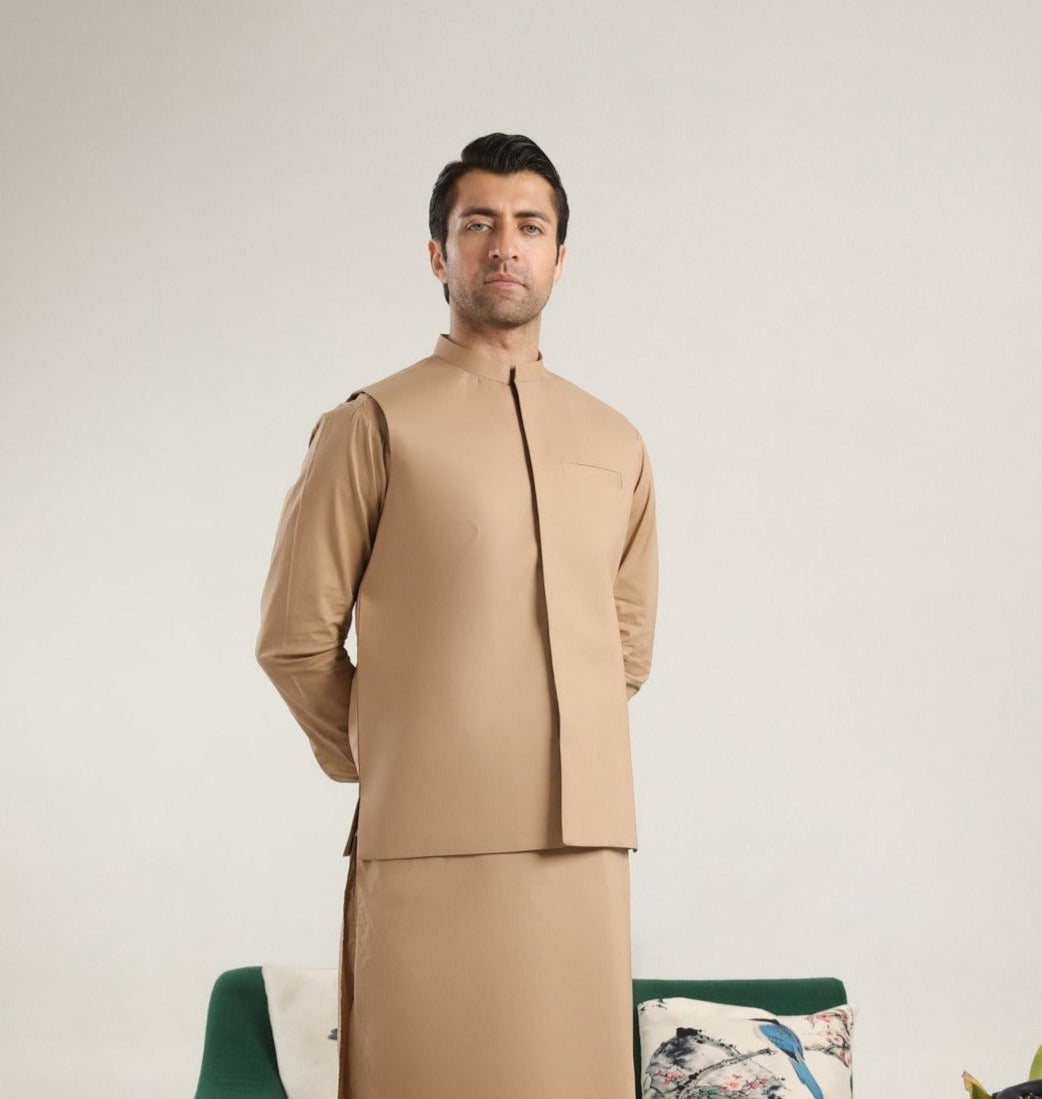 Camel Cotton Formal Waistcoat Kurta Set (3-Piece) - Image 1