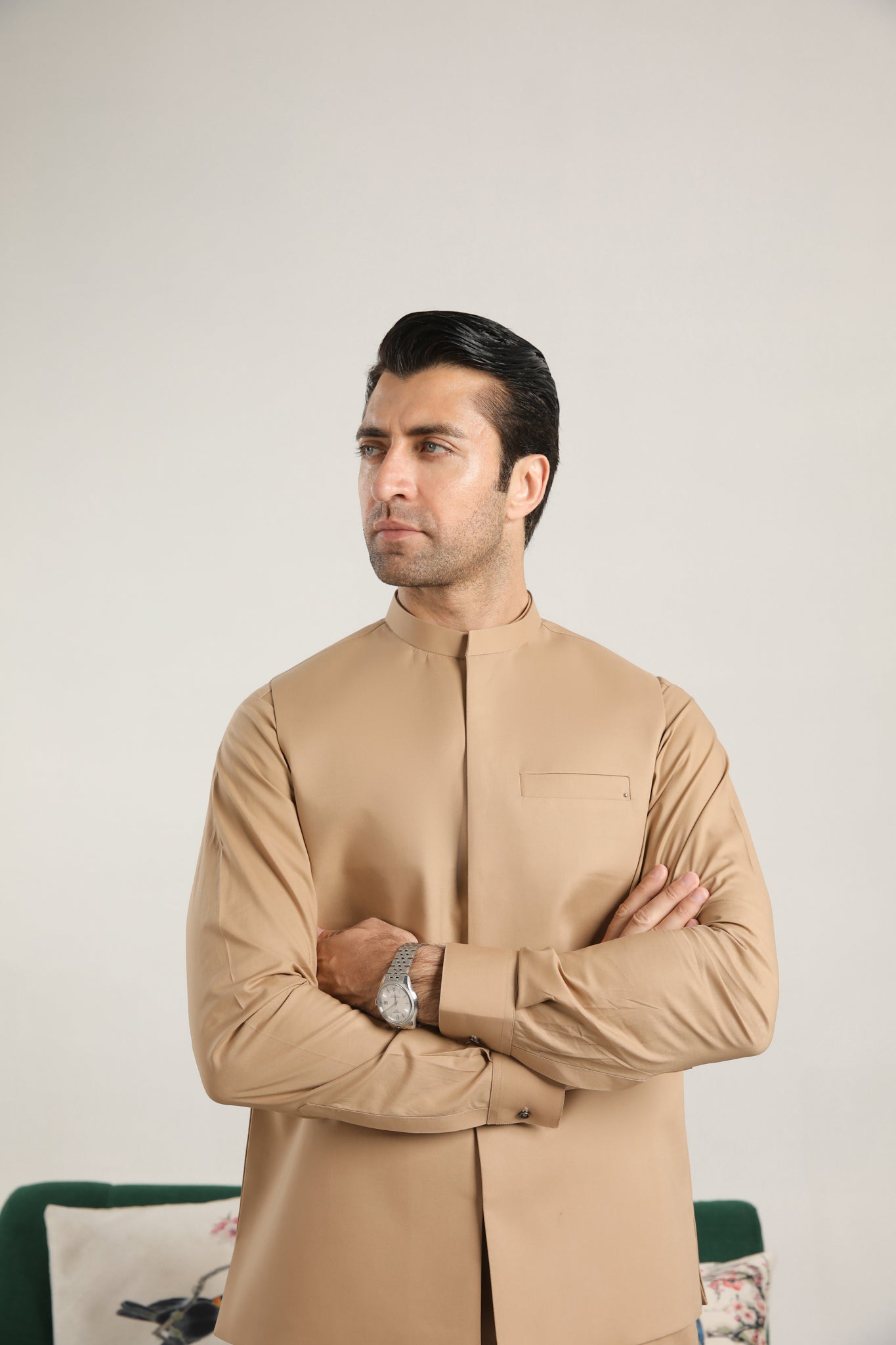 Camel Cotton Formal Waistcoat Kurta Set (3-Piece) - Image 3