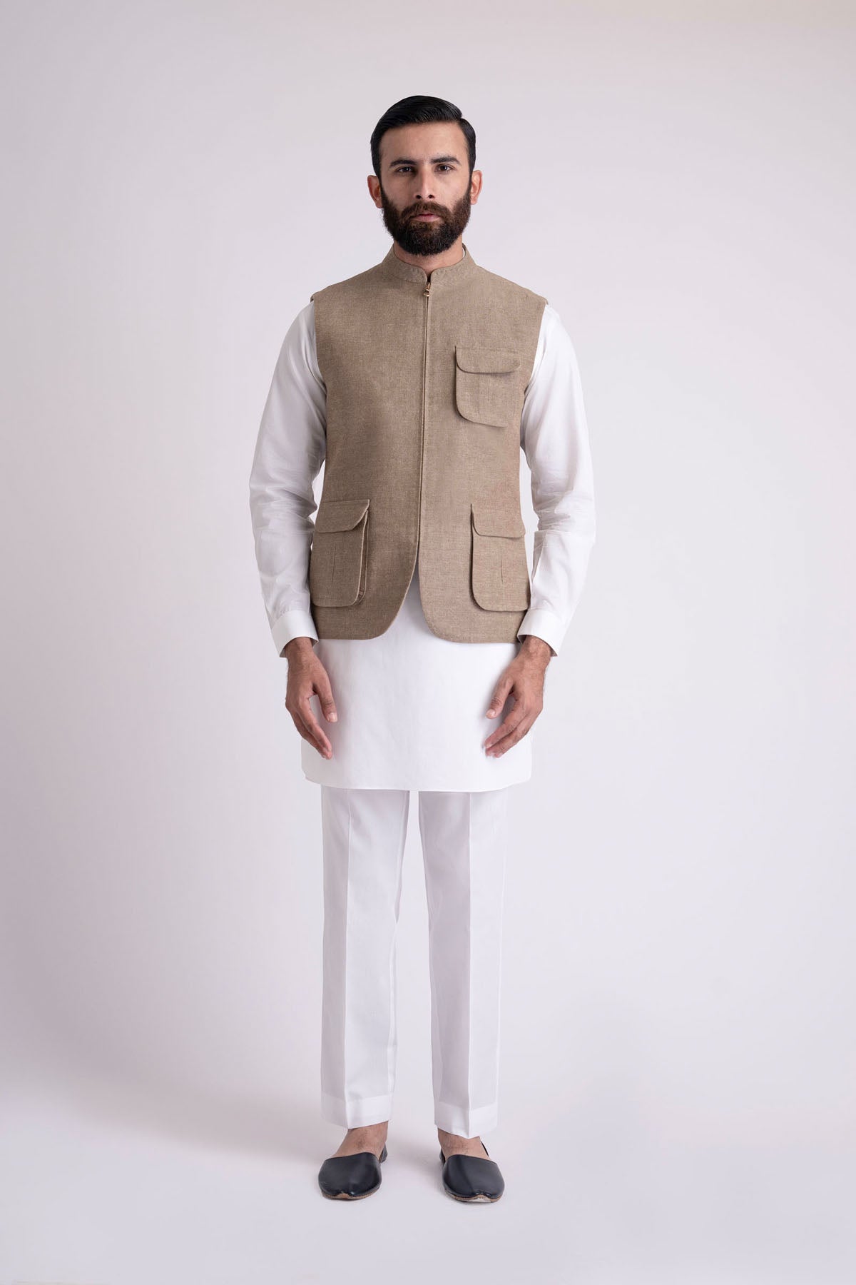 Brown Handloomed Waistcoat Kurta Set (3-Piece) - Image 1