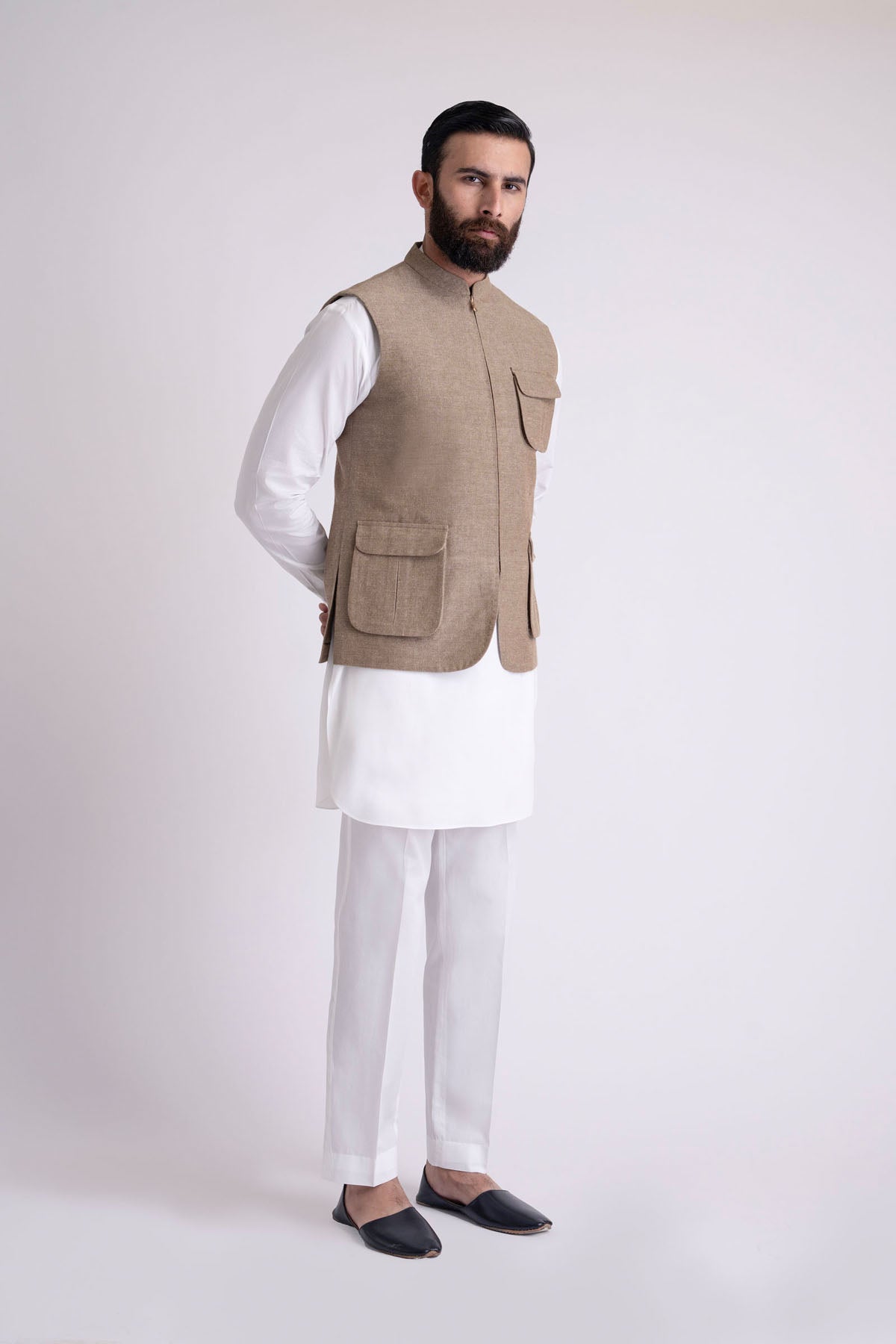 Brown Handloomed Waistcoat Kurta Set (3-Piece) - Image 3