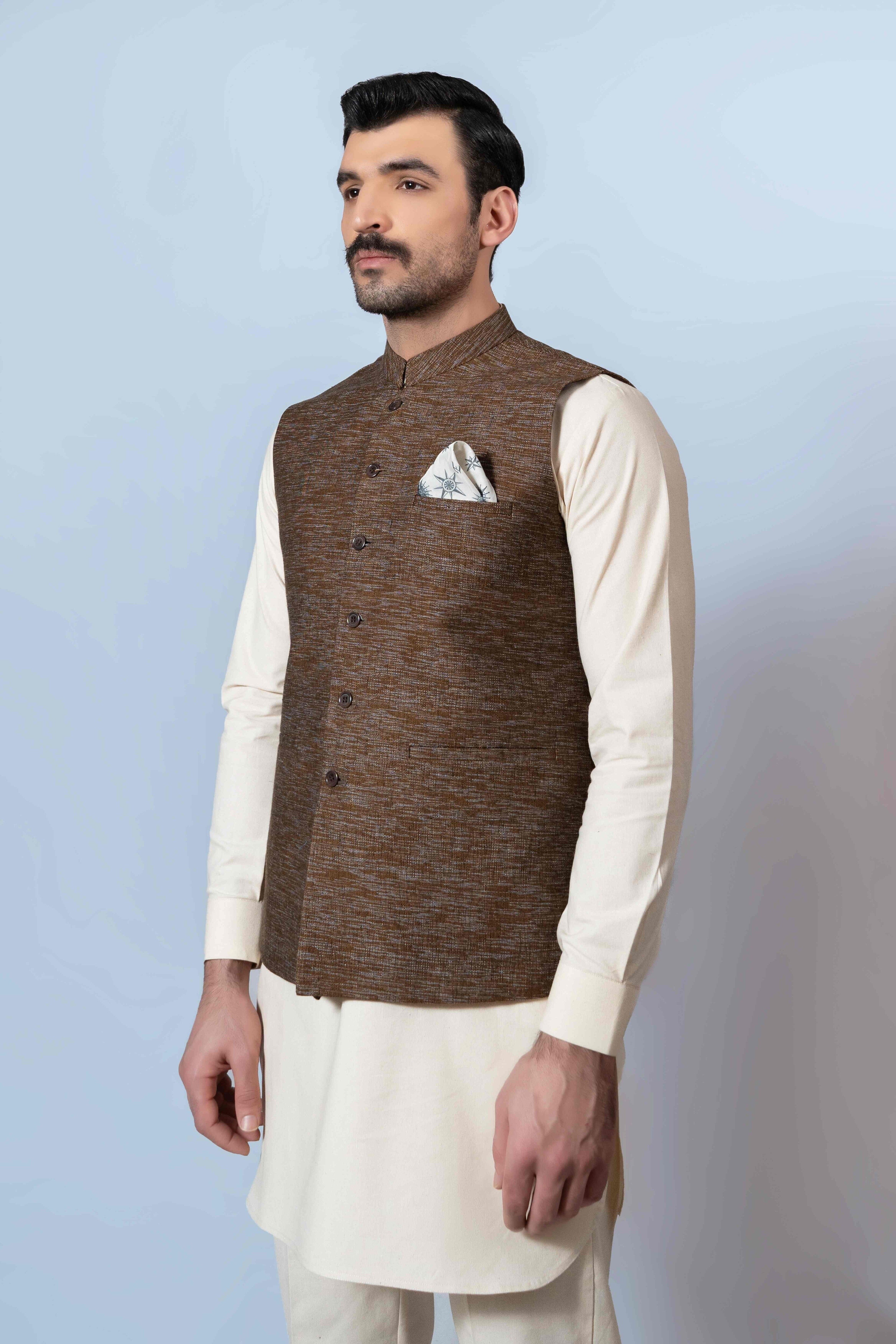 Light Brown Textured Handloomed Waistcoat Kurta (3-Piece) - Image 1