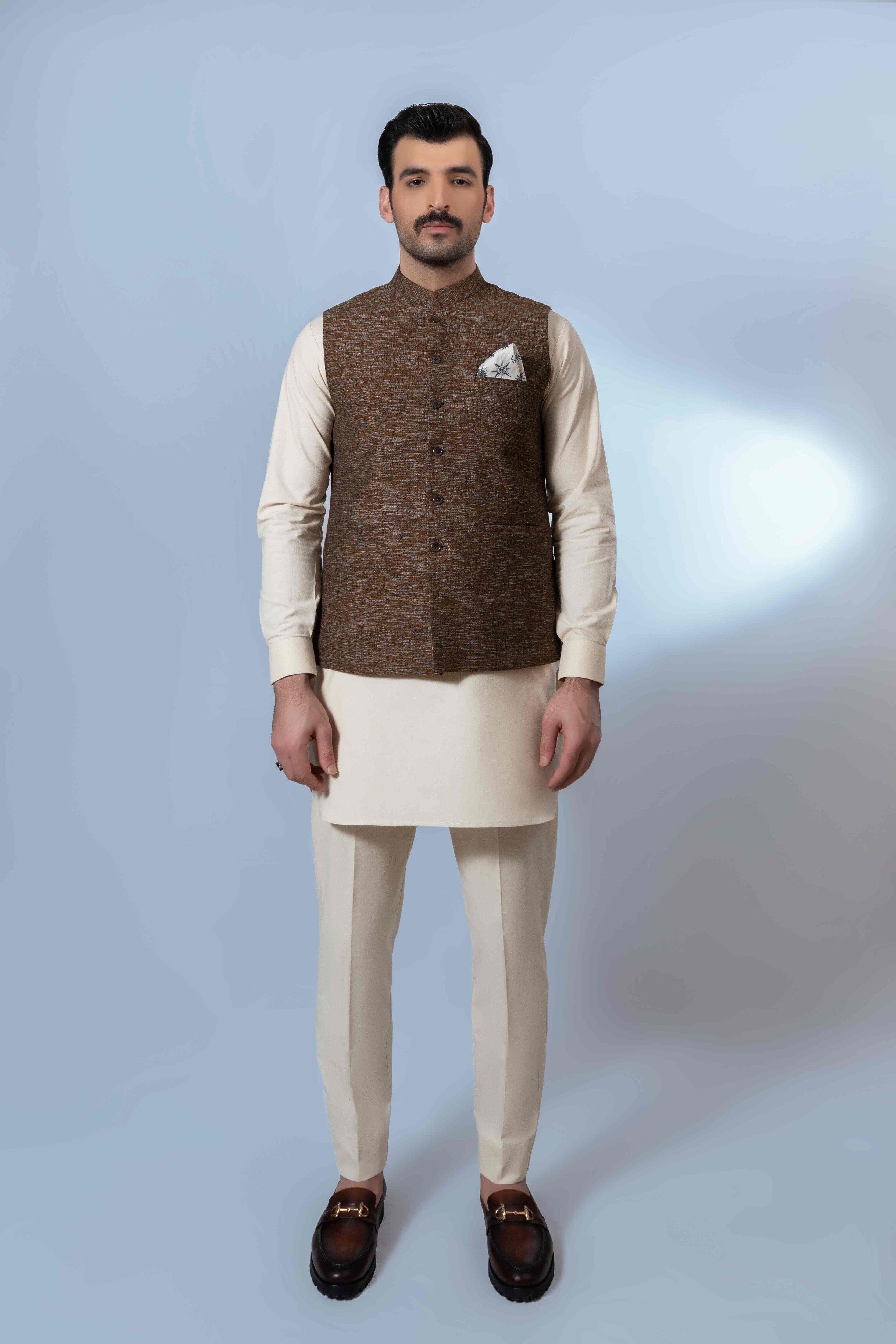 Light Brown Textured Handloomed Waistcoat Kurta (3-Piece) - Image 2