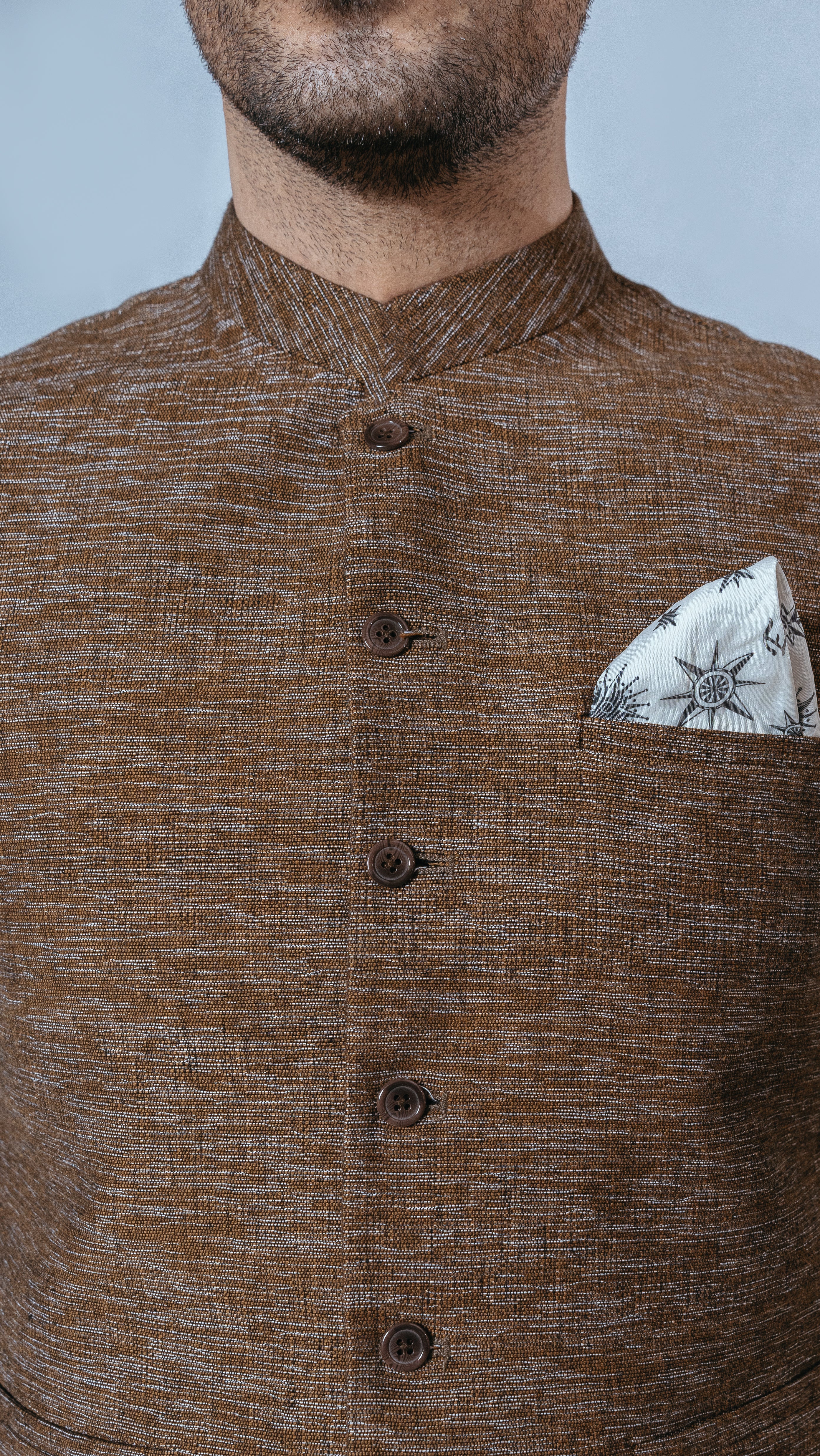 Light Brown Textured Handloomed Waistcoat Kurta (3-Piece) - Image 3