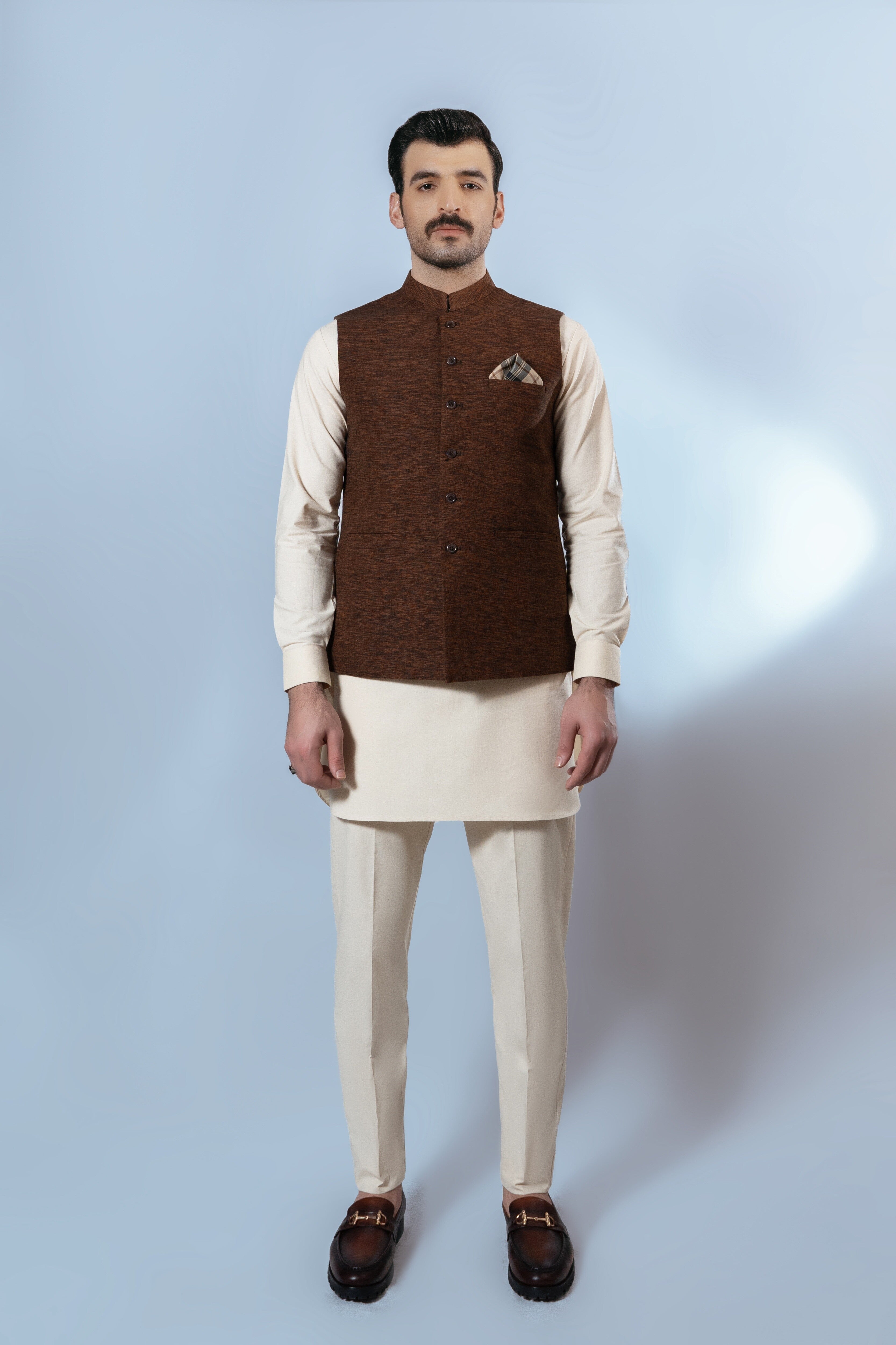 Dark Brown Handloomed Waistcoat Kurta Set (3-Piece) - Image 1