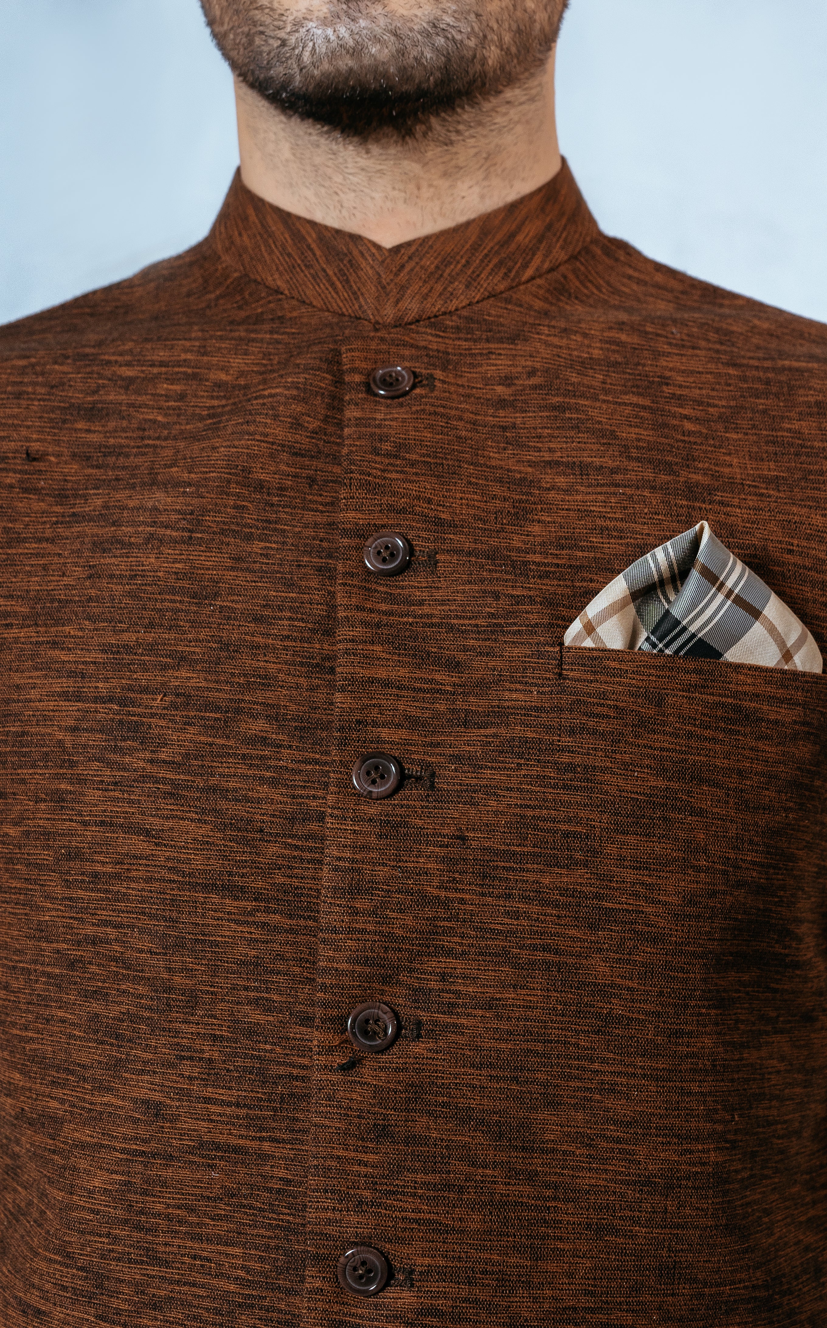Dark Brown Handloomed Waistcoat Kurta Set (3-Piece) - Image 3