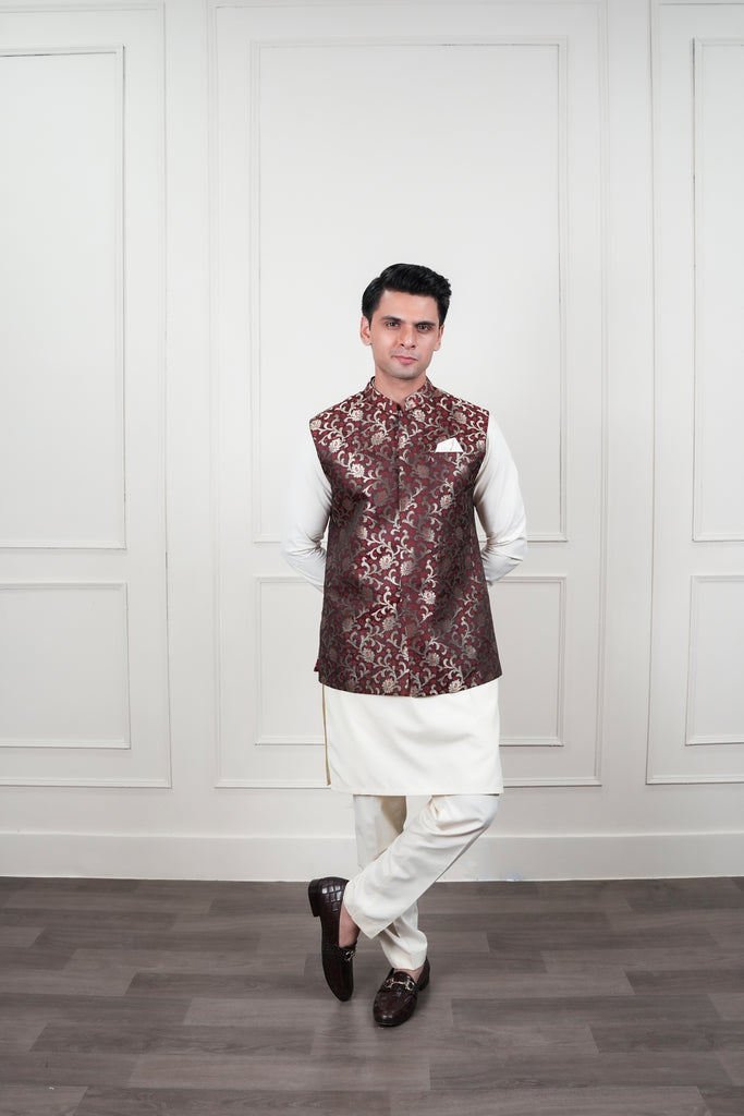 Brown & Golden Jamawar Waistcoat Kurta Pajama (3-Piece) - Image 1