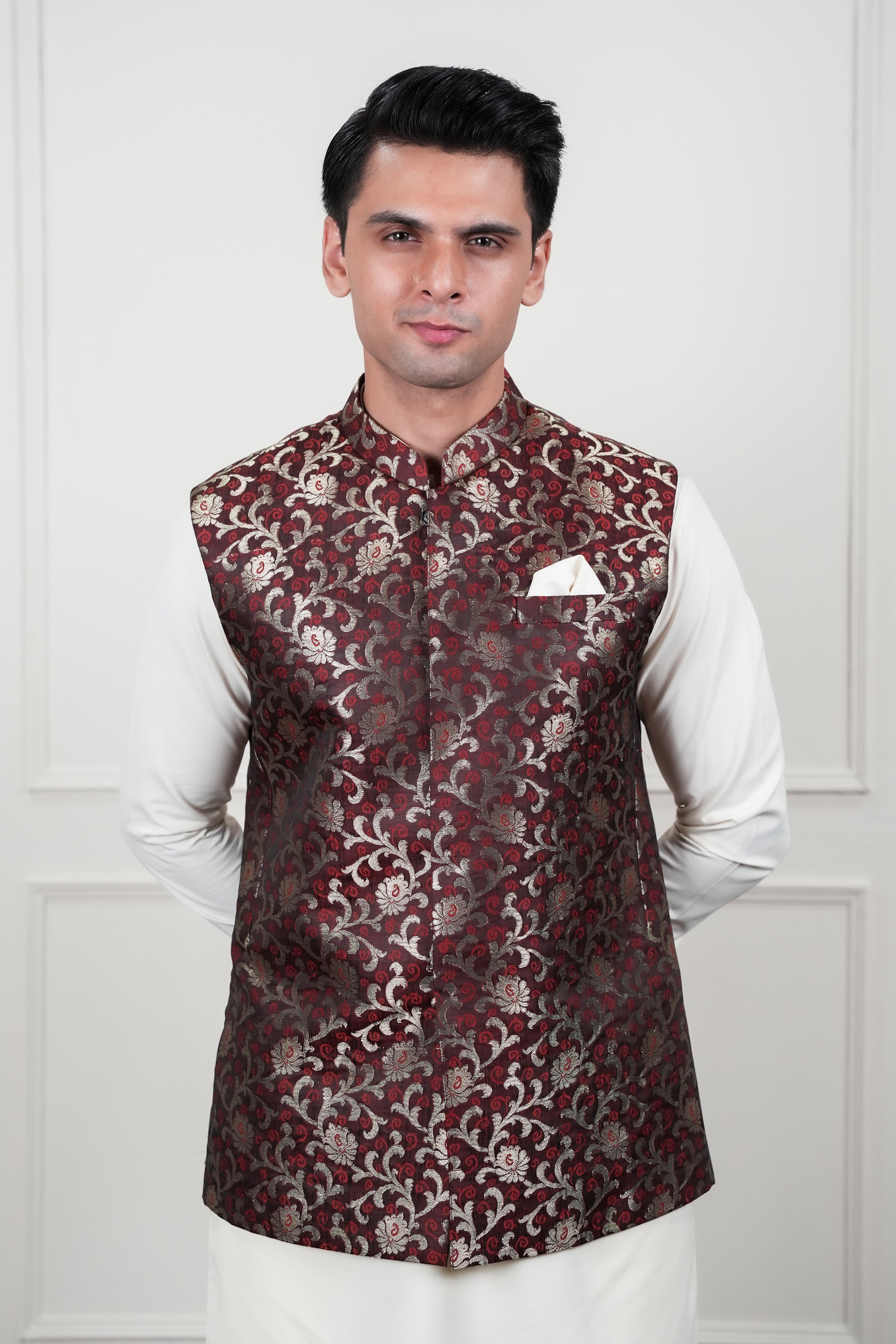 Brown & Golden Jamawar Waistcoat Kurta Pajama (3-Piece) - Image 3