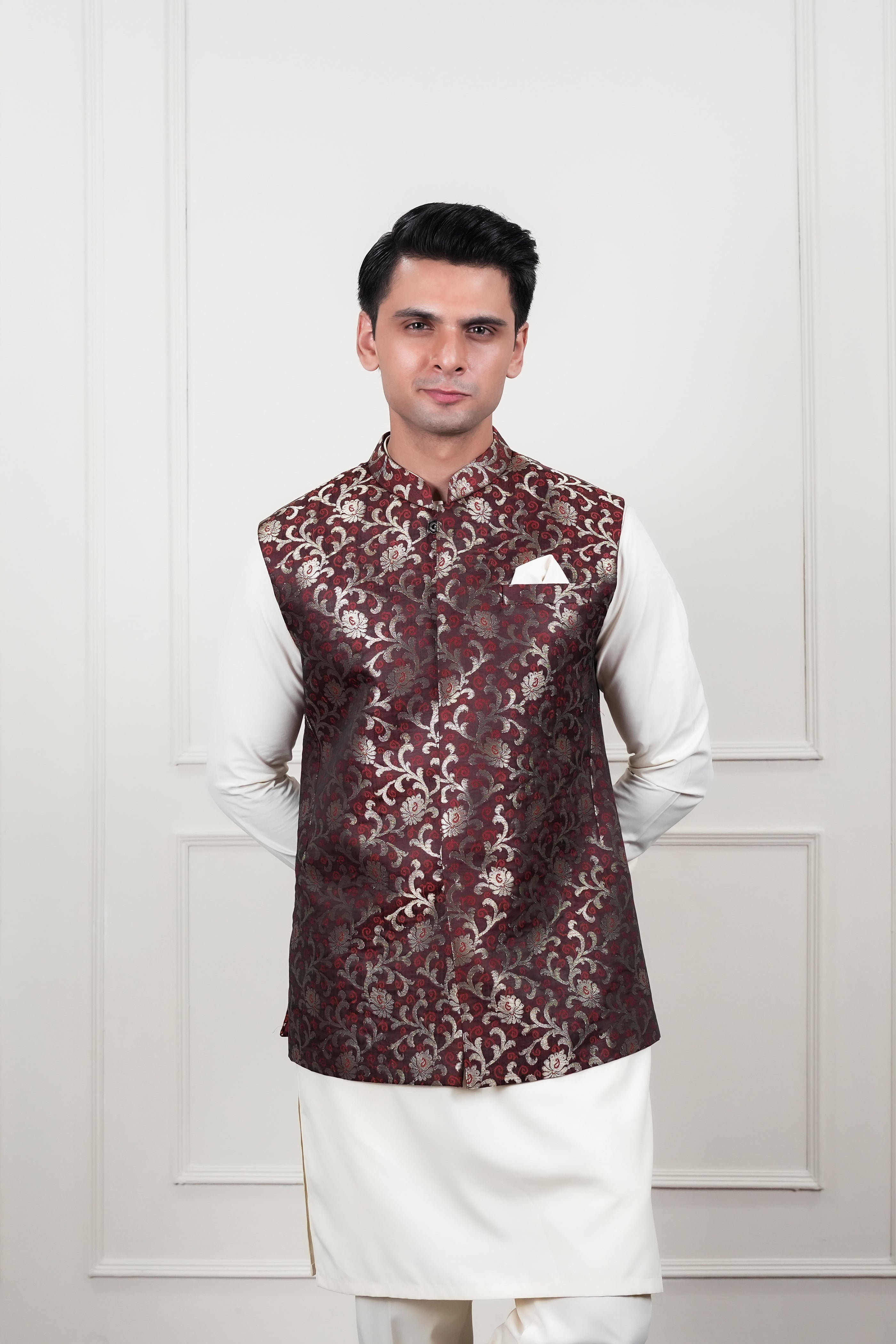 Brown & Golden Jamawar Waistcoat Kurta Pajama (3-Piece) - Image 4