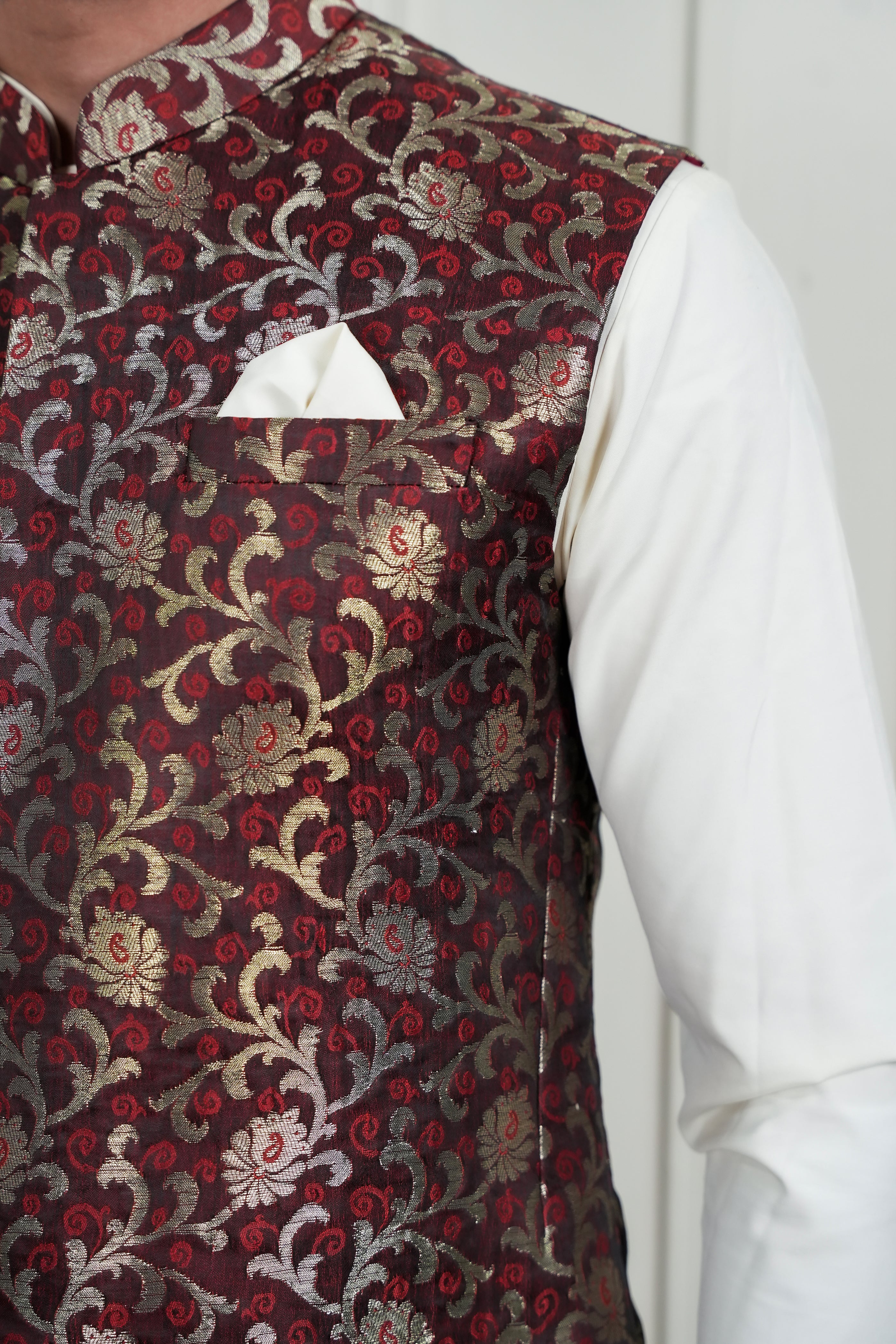 Brown & Golden Jamawar Waistcoat Kurta Pajama (3-Piece) - Image 5
