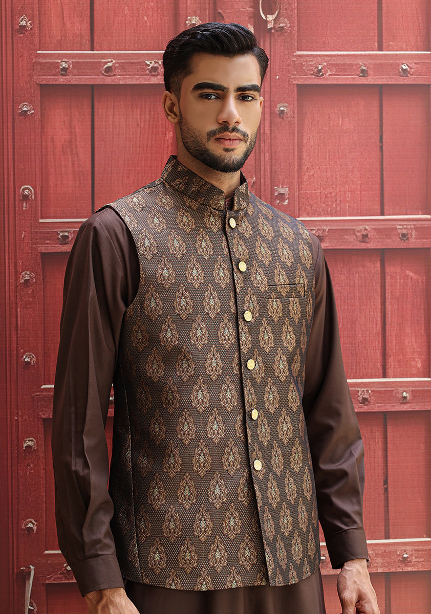 Brown Jamawar Waistcoat Kurta Set (3-Piece) - Image 1