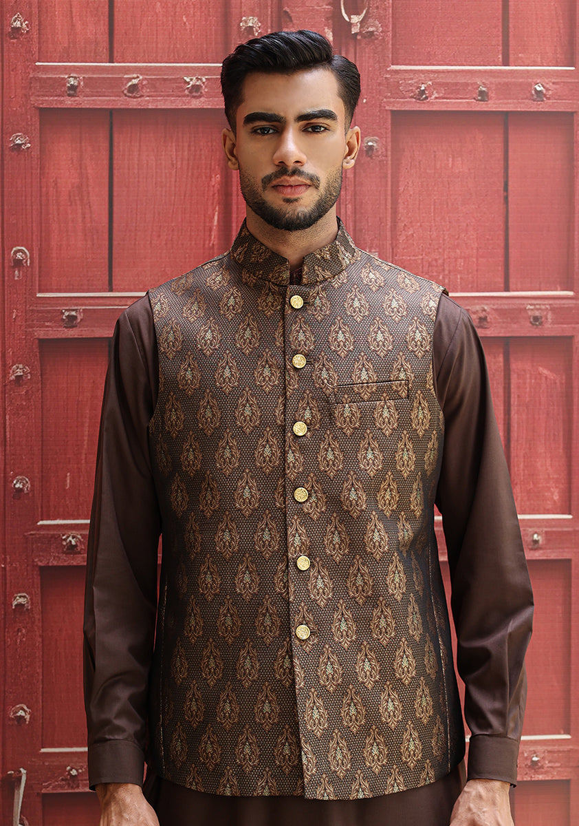 Brown Jamawar Waistcoat Kurta Set (3-Piece) - Image 2