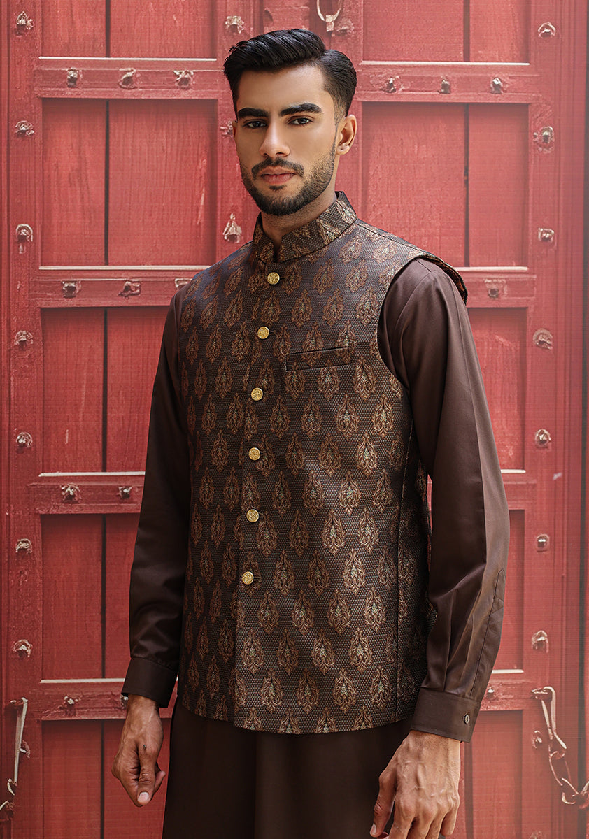 Brown Jamawar Waistcoat Kurta Set (3-Piece) - Image 3