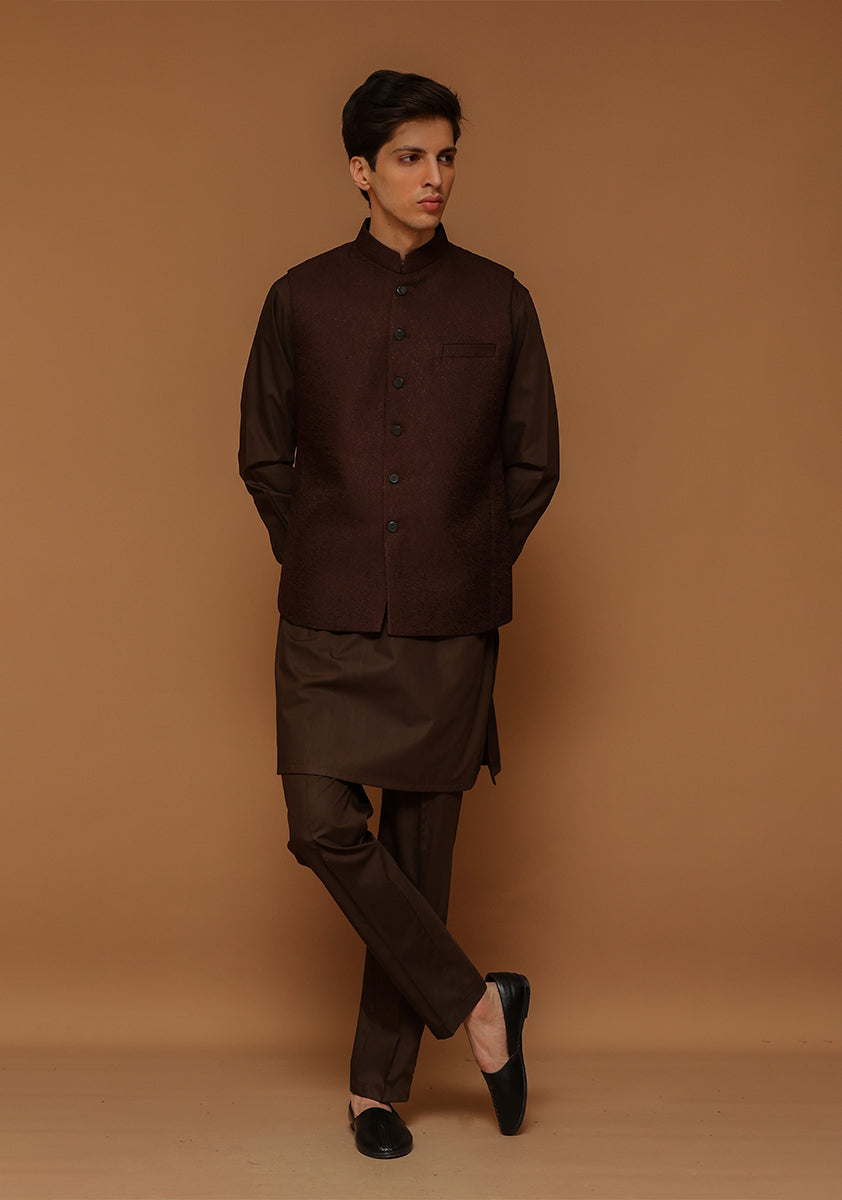 Coffee Brown Jamawar Straight-Cut Waistcoat (3-Piece) - Image 1