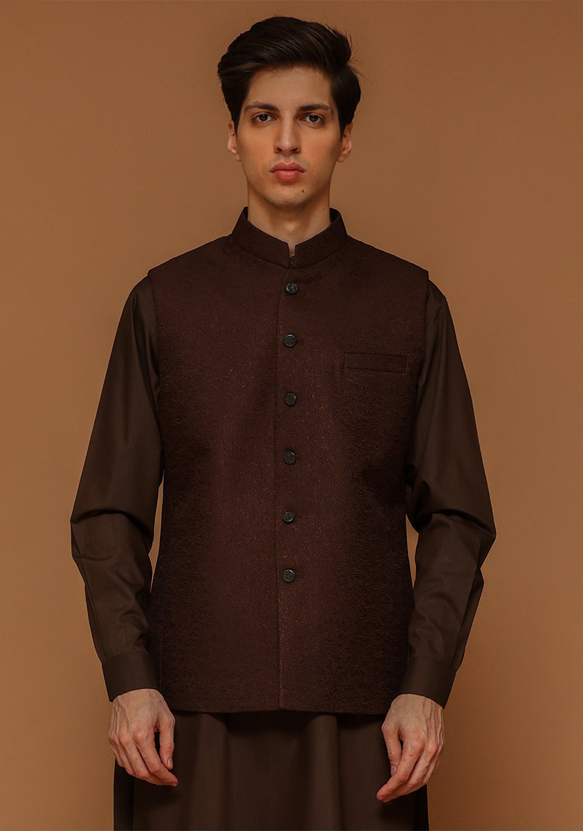 Coffee Brown Jamawar Straight-Cut Waistcoat (3-Piece) - Image 2