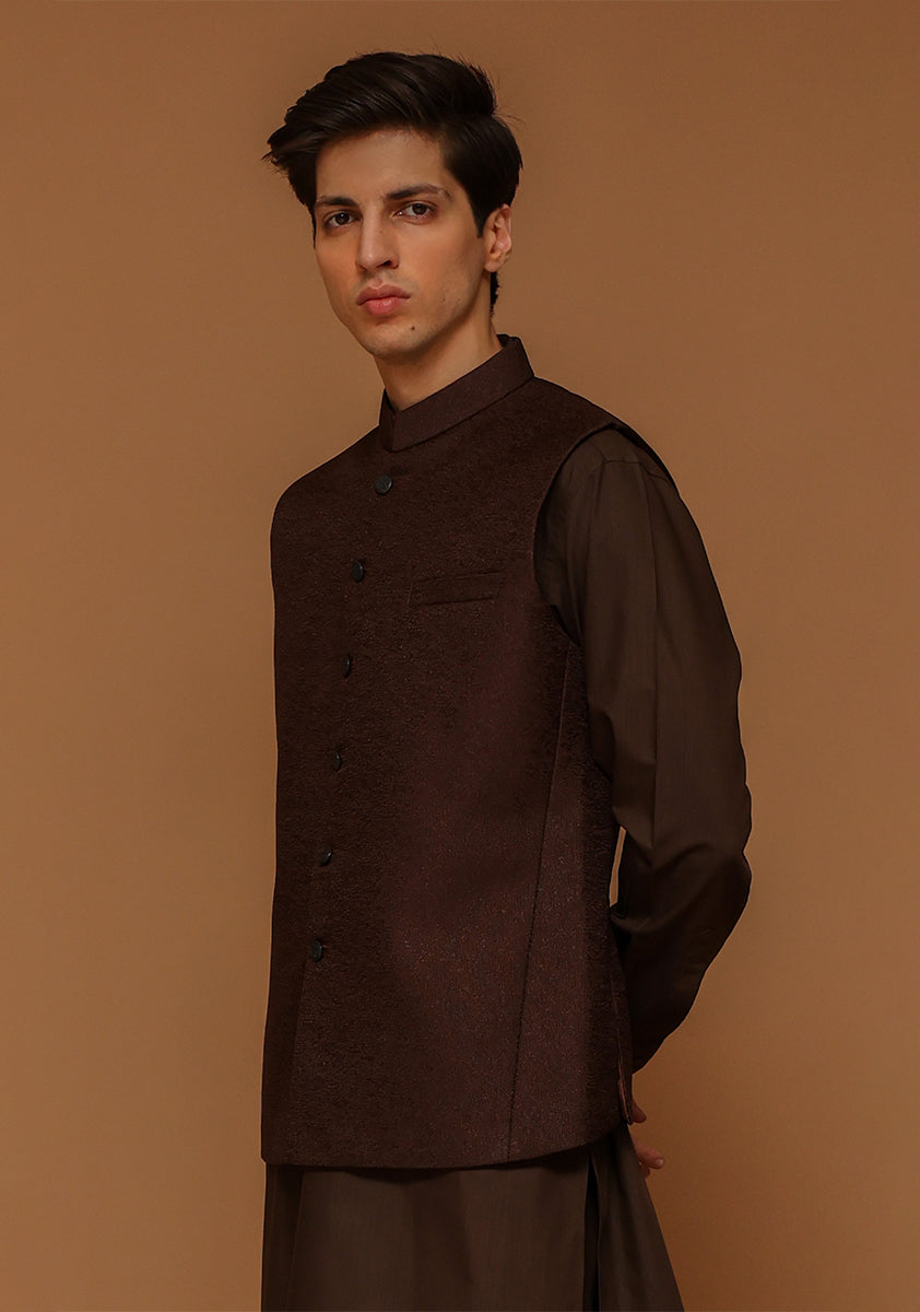 Coffee Brown Jamawar Straight-Cut Waistcoat (3-Piece) - Image 3