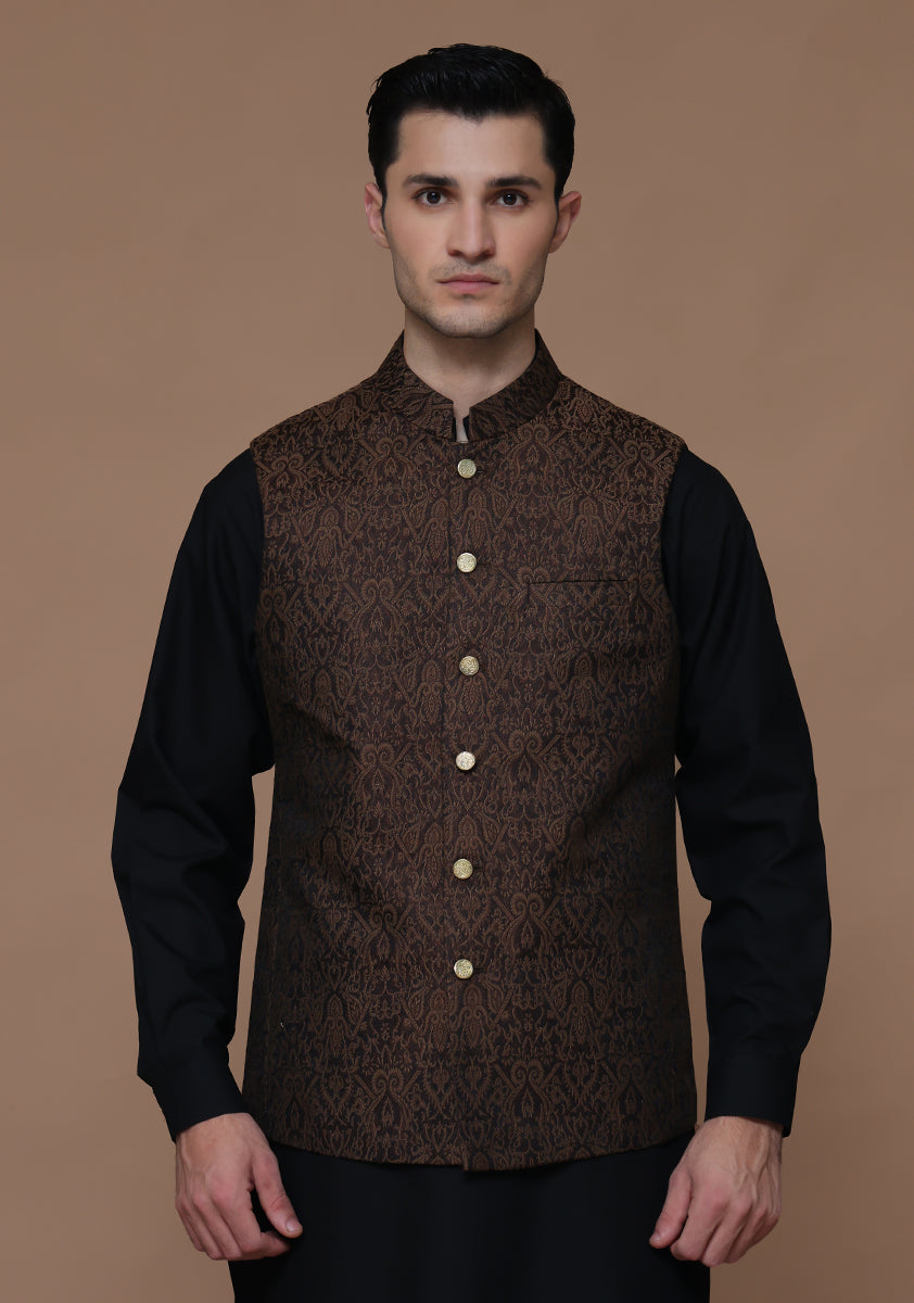 Butter Nut Woven Karandi Jamawar Waistcoat (2-Piece) - Image 1