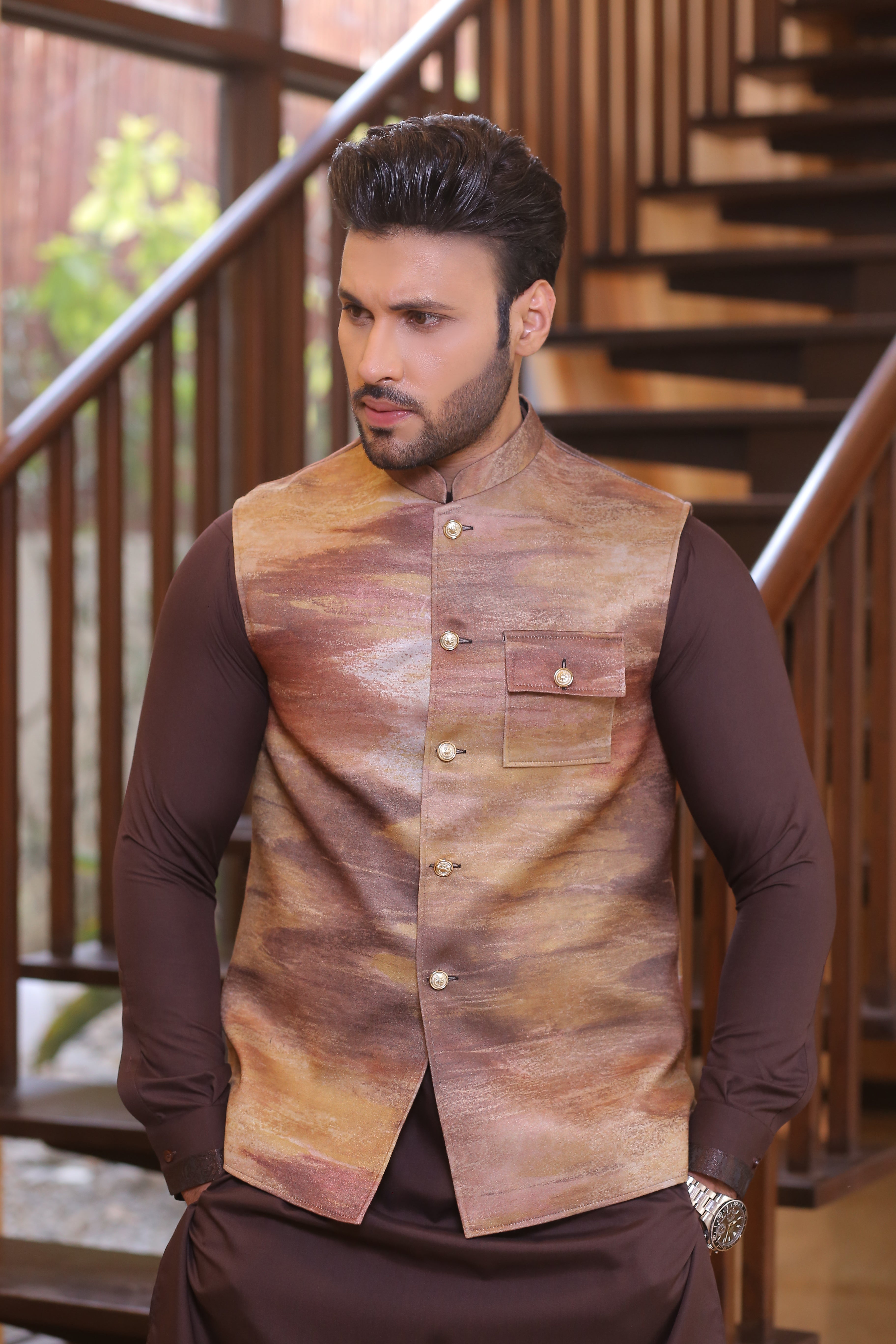 Brown Textured Leather Waistcoat (3-Piece) - Image 5