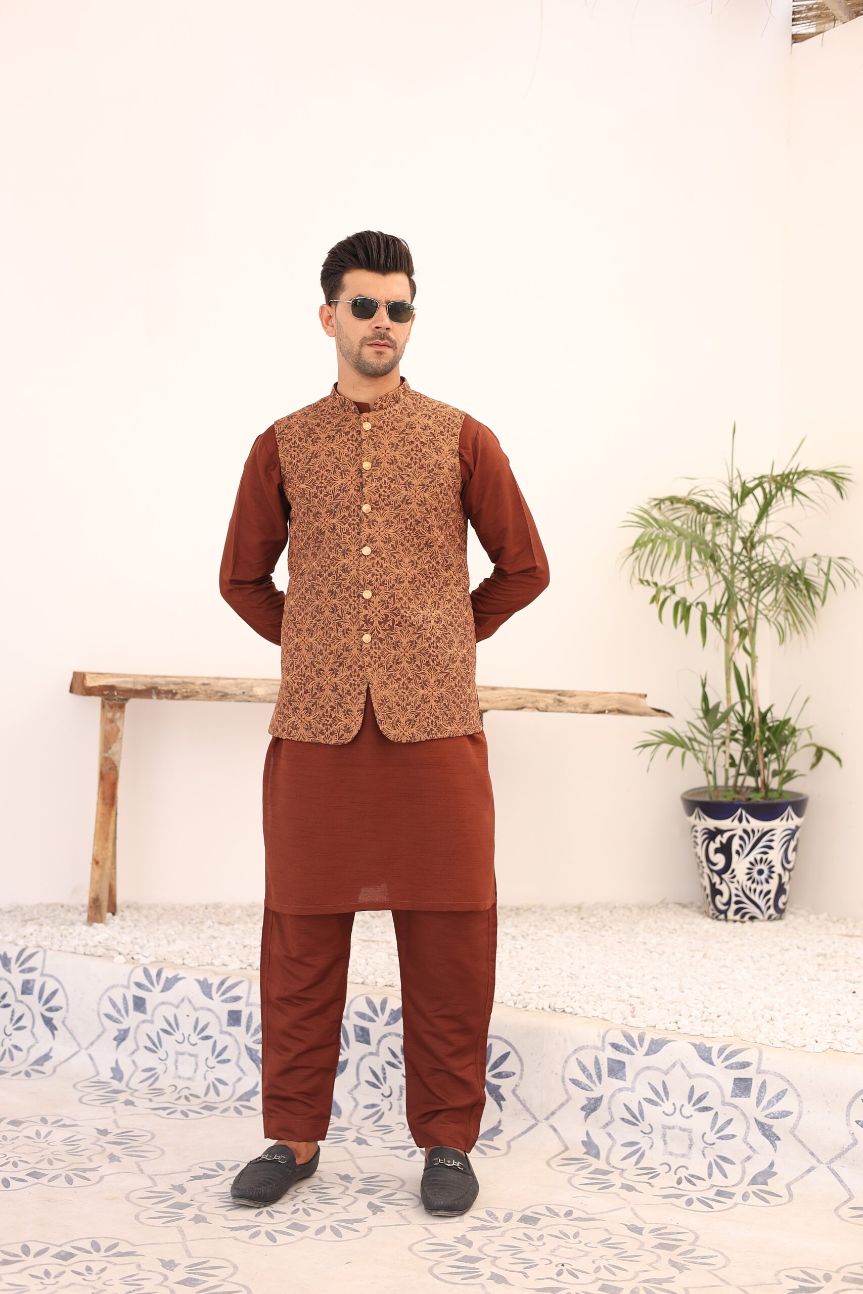 Rust Woven Mesuri Waistcoat Kurta Set (3-Piece) - Image 1