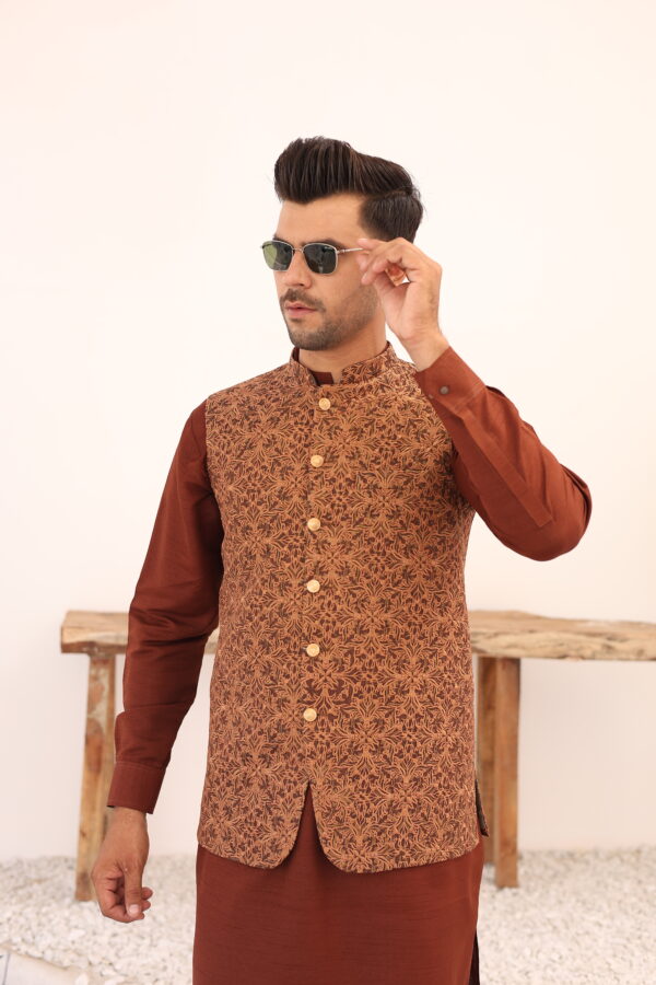 Rust Woven Mesuri Waistcoat Kurta Set (3-Piece) - Image 2