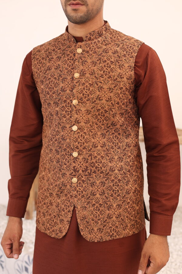 Rust Woven Mesuri Waistcoat Kurta Set (3-Piece) - Image 3