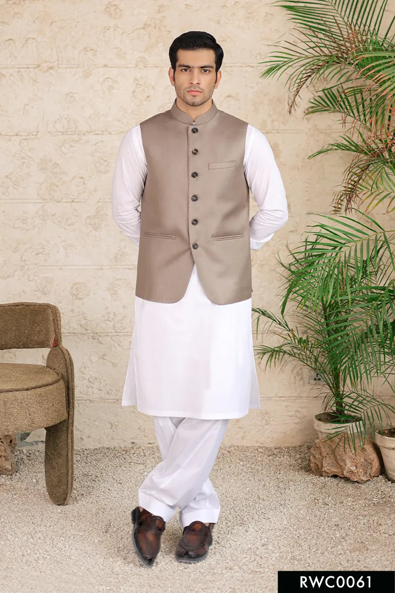 Dark Brown Hemstitched Poly-Viscose Waistcoat Kurta (3-Piece) - Image 1
