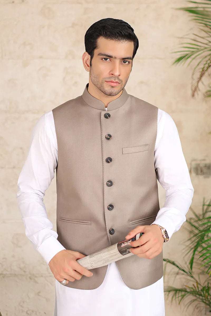Dark Brown Hemstitched Poly-Viscose Waistcoat Kurta (3-Piece) - Image 2