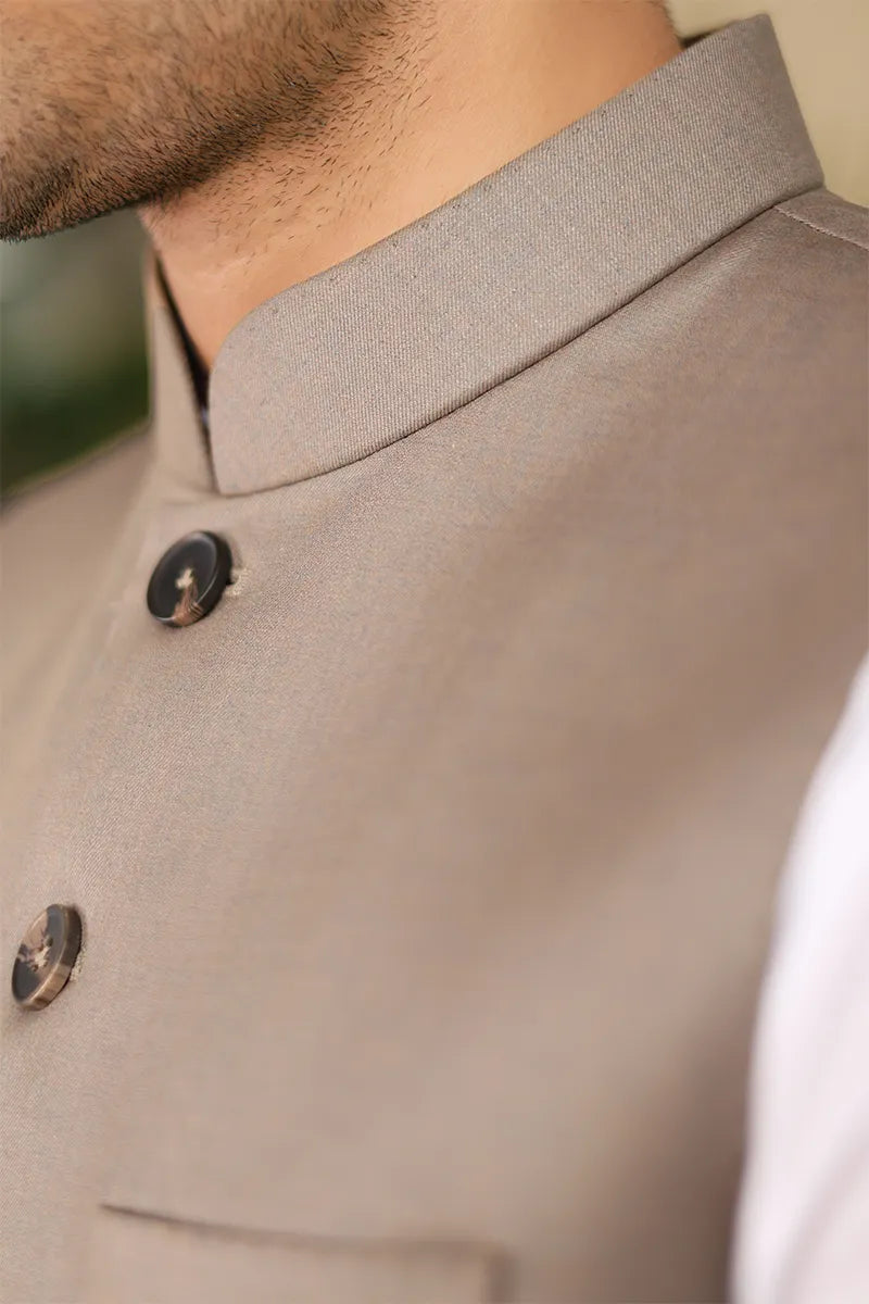 Dark Brown Hemstitched Poly-Viscose Waistcoat Kurta (3-Piece) - Image 3