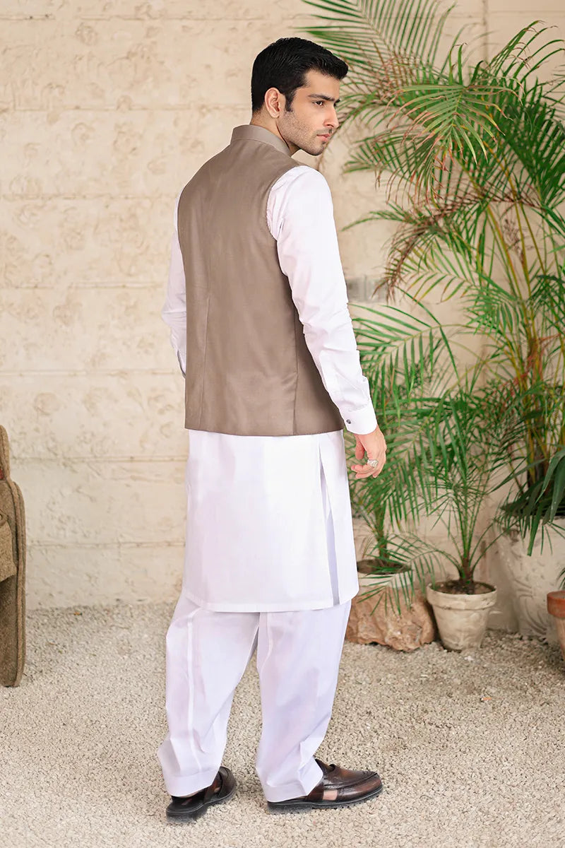 Dark Brown Hemstitched Poly-Viscose Waistcoat Kurta (3-Piece) - Image 4