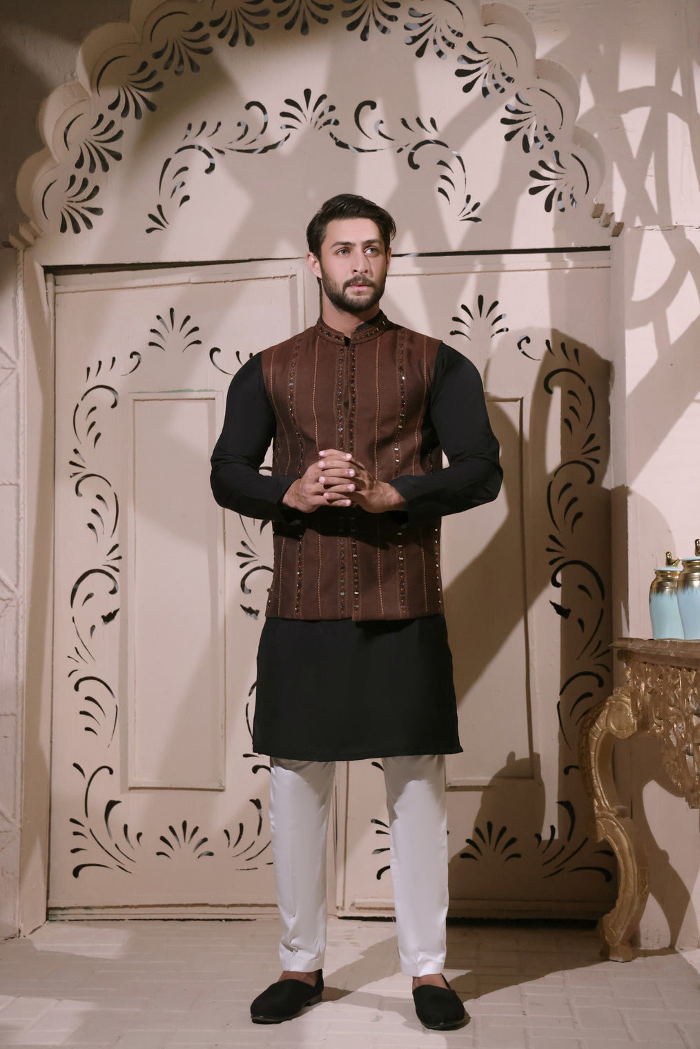 Brown Striped Mirror Work Raw Silk Waistcoat (3-Piece) - Image 1