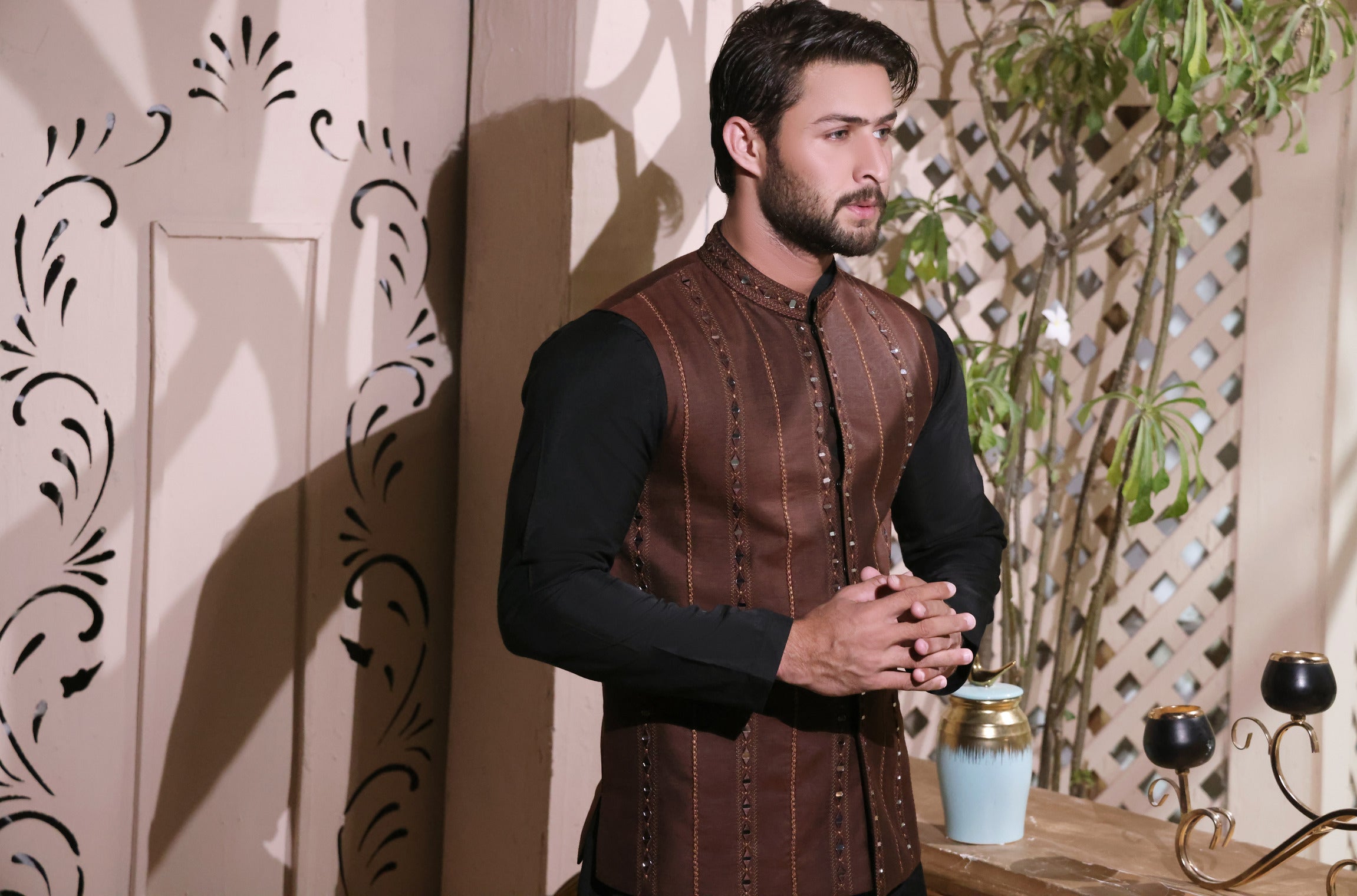 Brown Striped Mirror Work Raw Silk Waistcoat (3-Piece) - Image 2