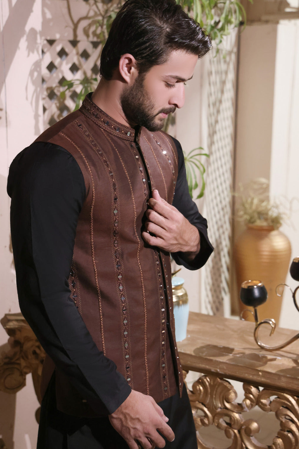 Brown Striped Mirror Work Raw Silk Waistcoat (3-Piece) - Image 3