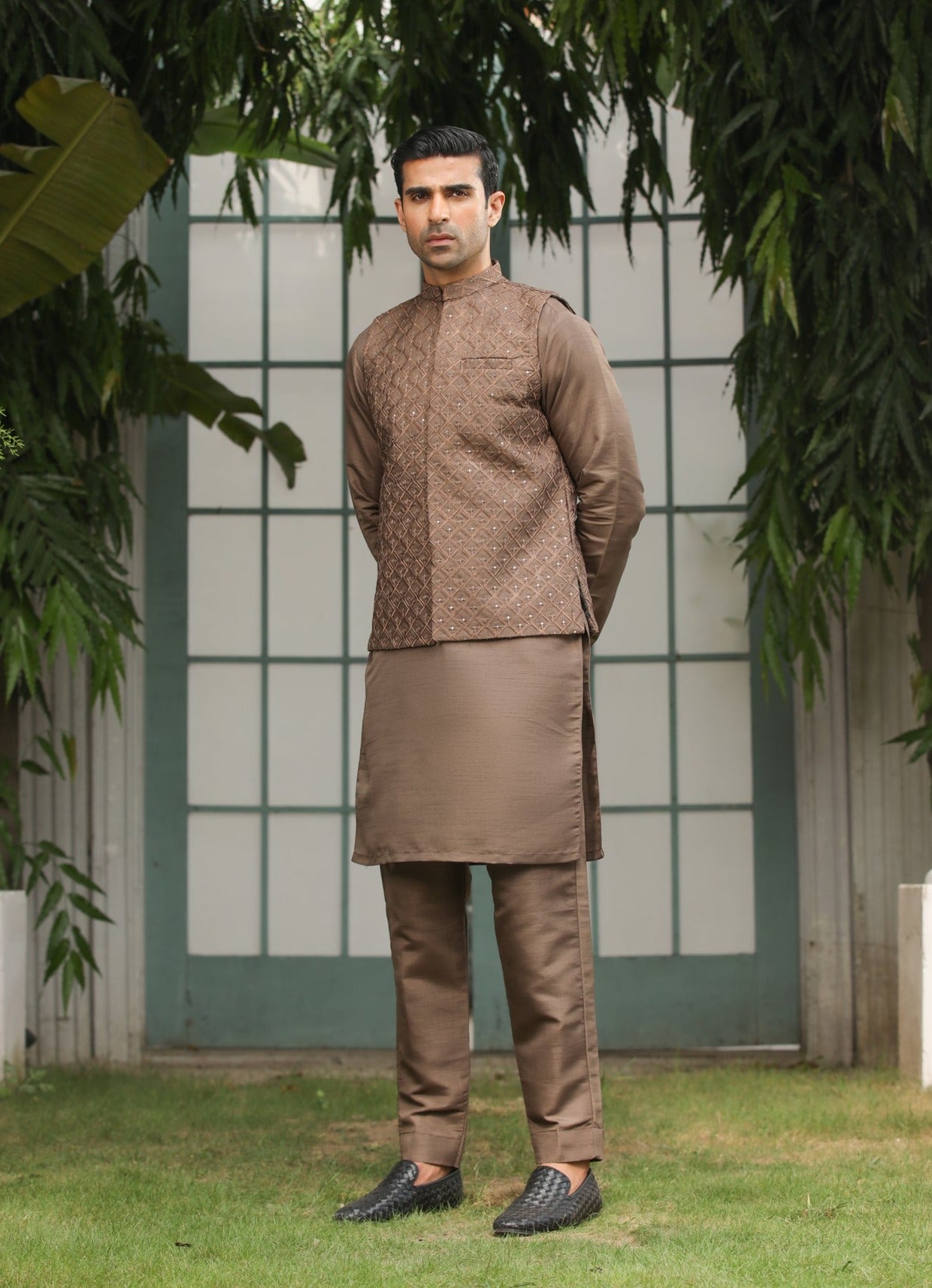 Brown Sequin Embroidered Raw Silk Waistcoat Kurta (3-Piece) - Image 2