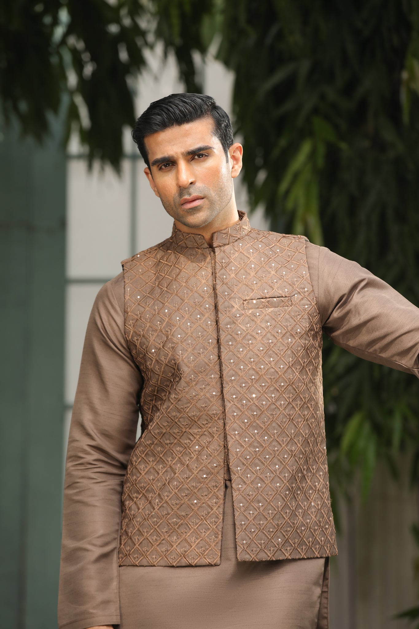 Brown Sequin Embroidered Raw Silk Waistcoat Kurta (3-Piece) - Image 3