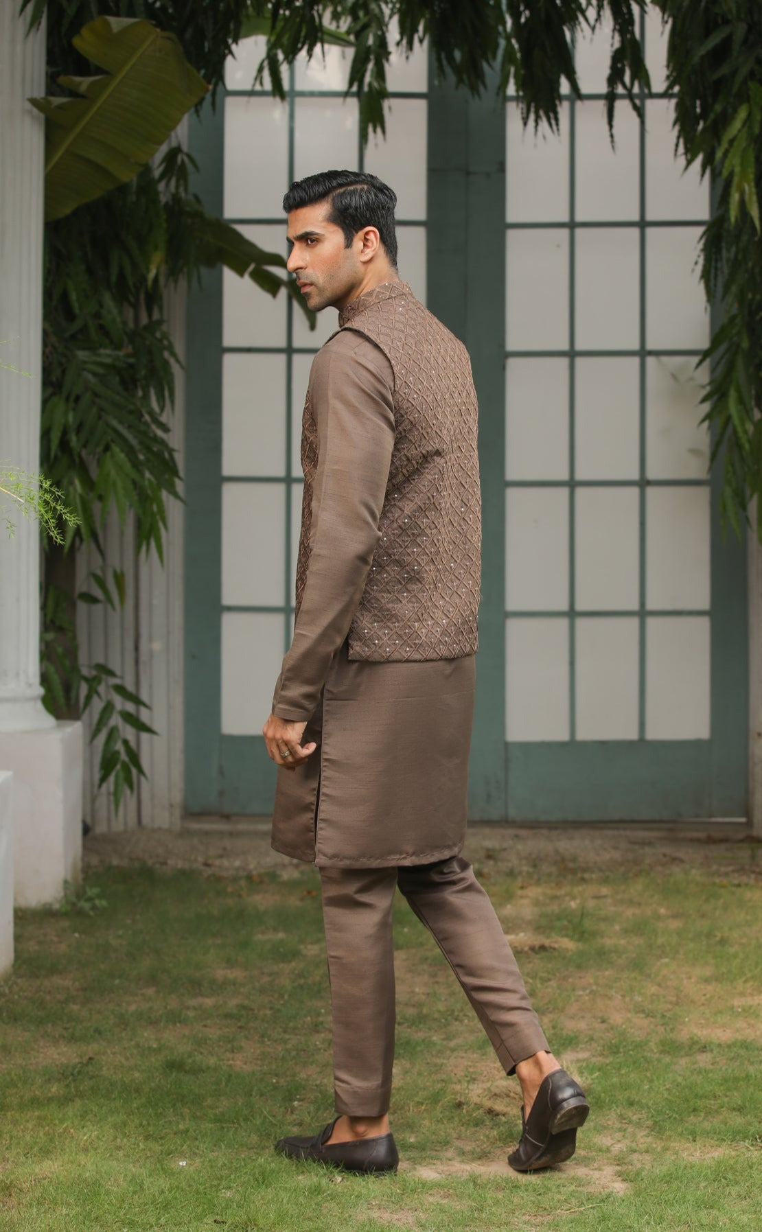 Brown Sequin Embroidered Raw Silk Waistcoat Kurta (3-Piece) - Image 5