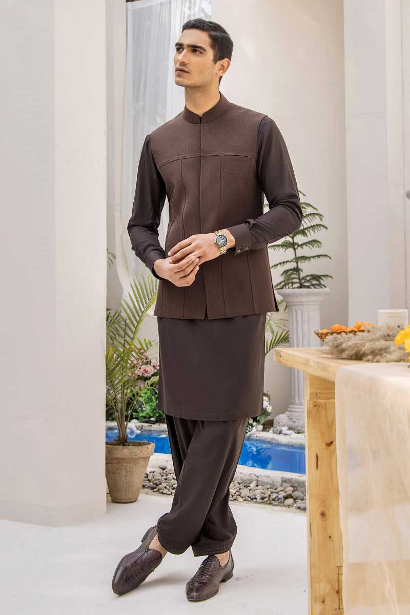 Brown Textured Waistcoat Kurta Shalwar (3-Piece) - Image 1