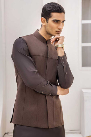 Brown Textured Waistcoat Kurta Shalwar (3-Piece) - Image 3