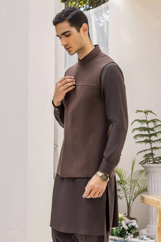 Brown Textured Waistcoat Kurta Shalwar (3-Piece) - Image 4