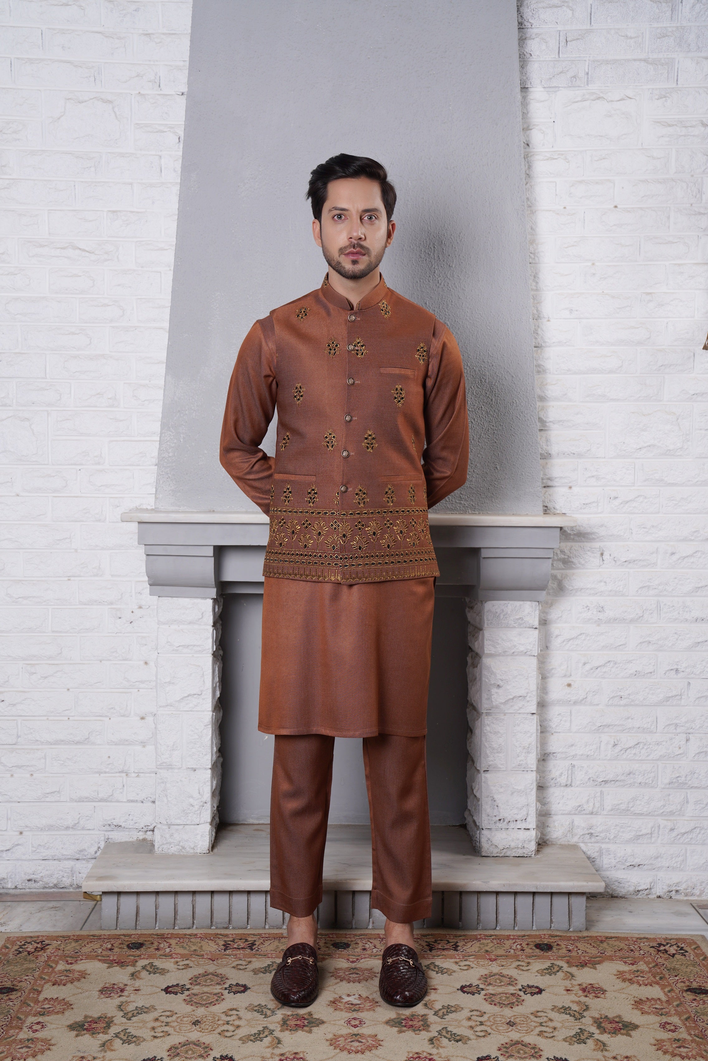 Russet Embroidered Silk-Blend Waistcoat Kurta (3-Piece) - Image 1