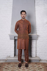 Russet Embroidered Silk-Blend Waistcoat Kurta (3-Piece) - Image 2