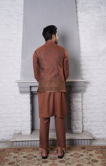 Russet Embroidered Silk-Blend Waistcoat Kurta (3-Piece) - Image 3