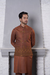 Russet Embroidered Silk-Blend Waistcoat Kurta (3-Piece) - Image 4