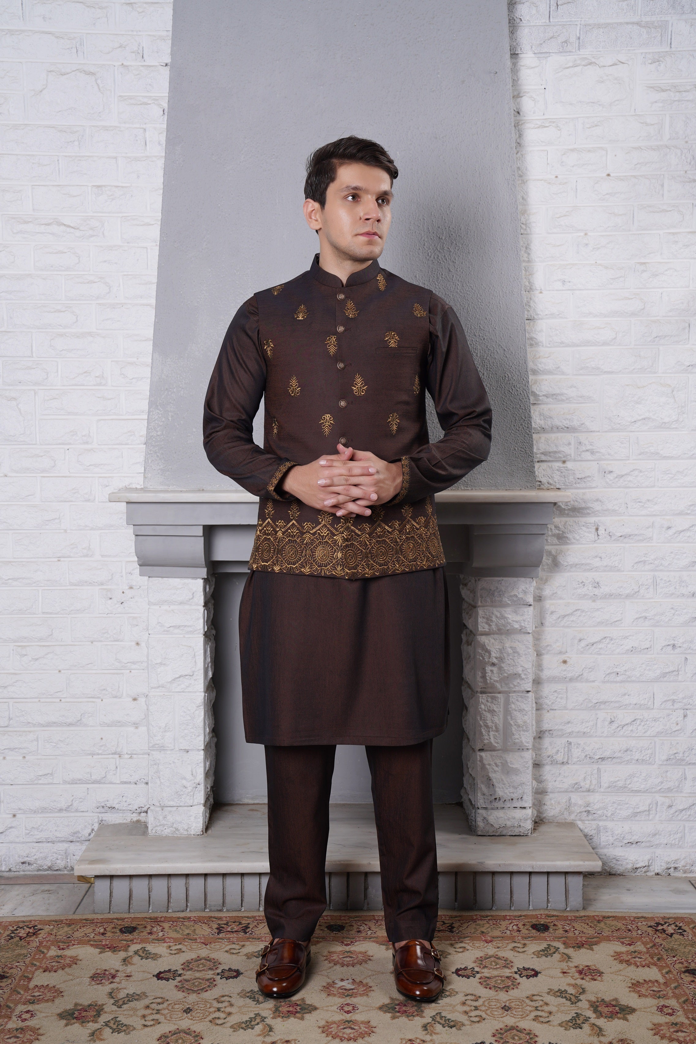 Deep Brown Embroidered Silk-Blend Kurta Trouser (2-Piece) - Image 1
