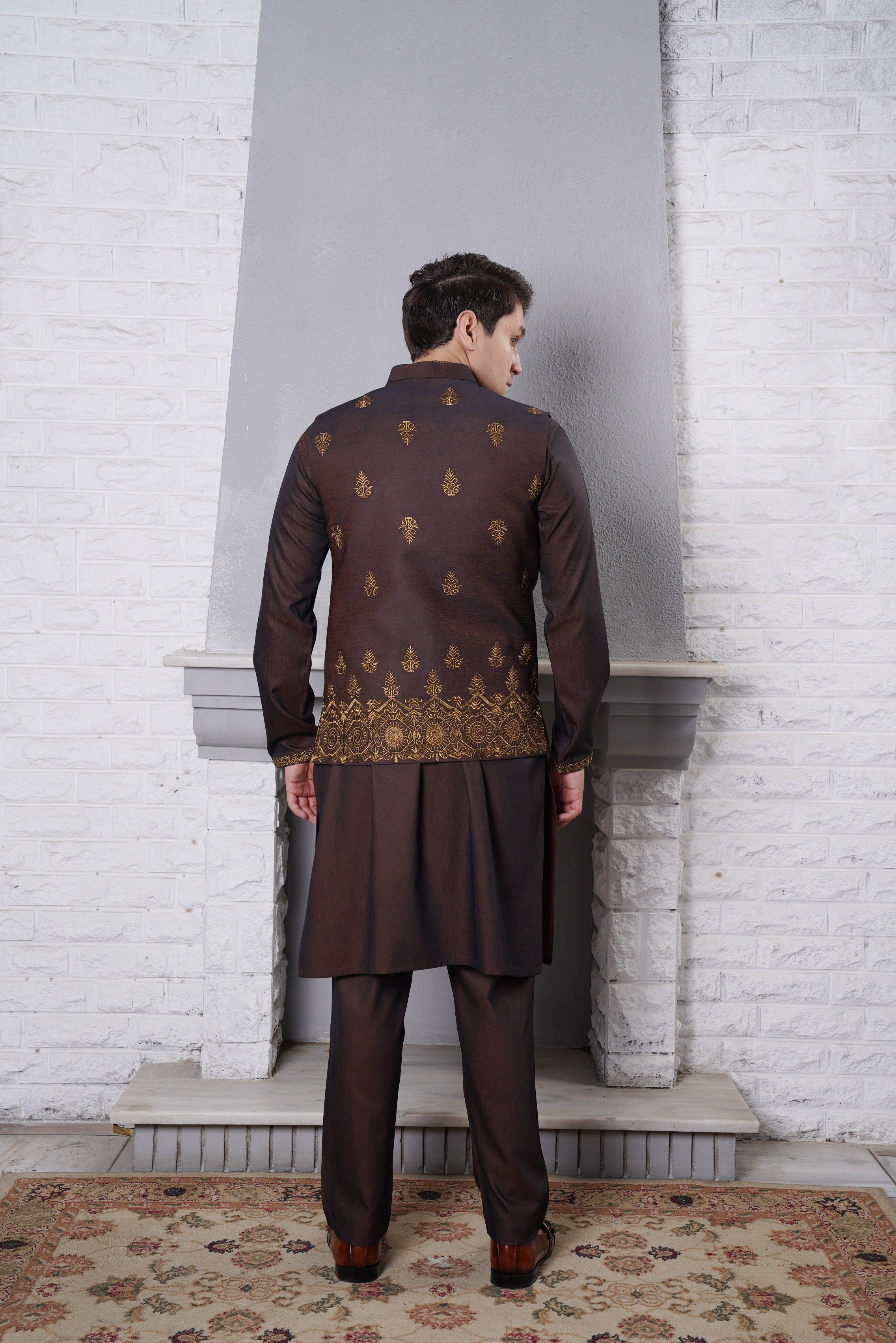 Deep Brown Embroidered Silk-Blend Kurta Trouser (2-Piece) - Image 2